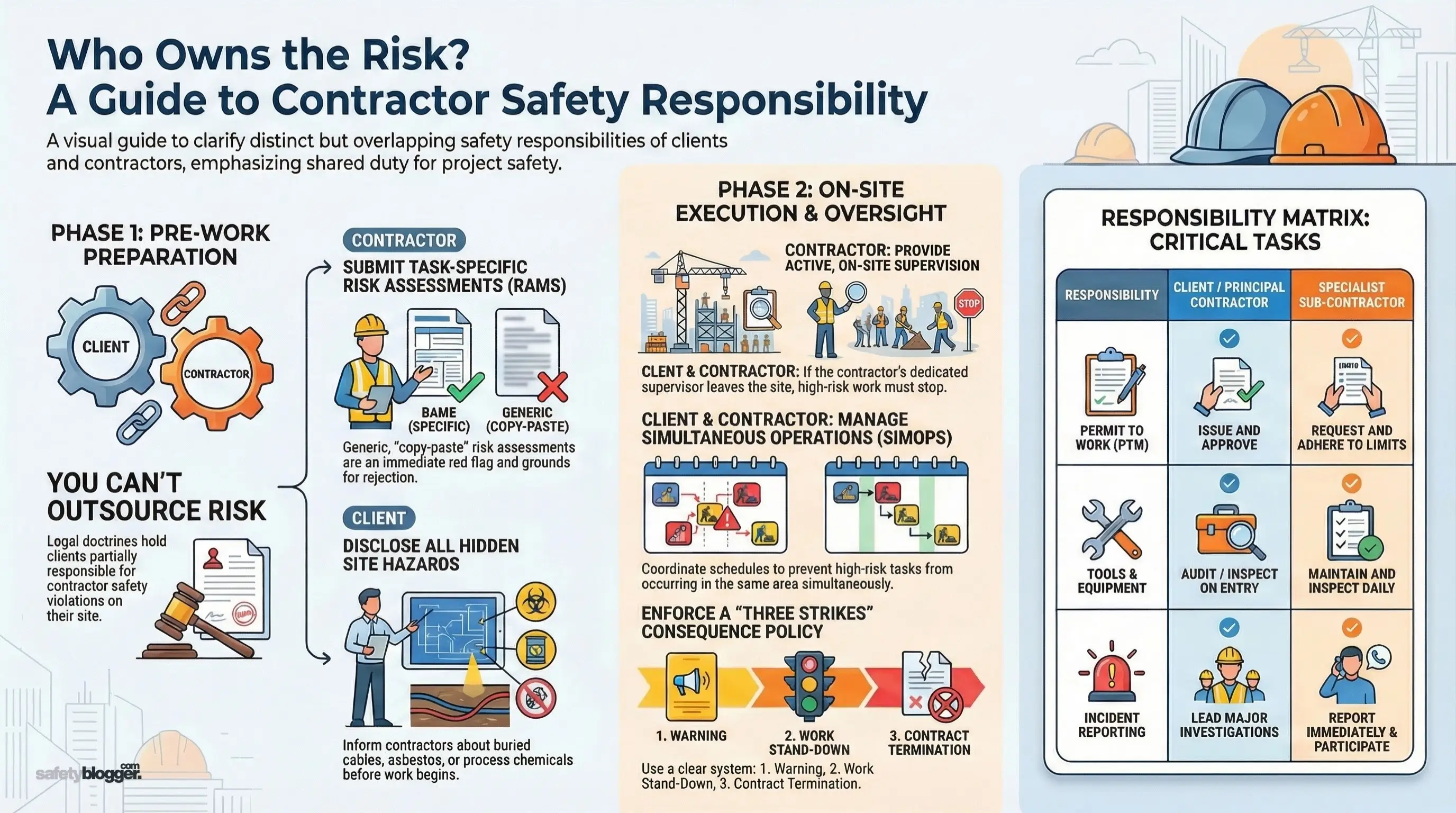 Flowchart illustrating contractor safety responsibilities, highlighting risk assessment, on-site execution, and a responsibility matrix for safety compliance.