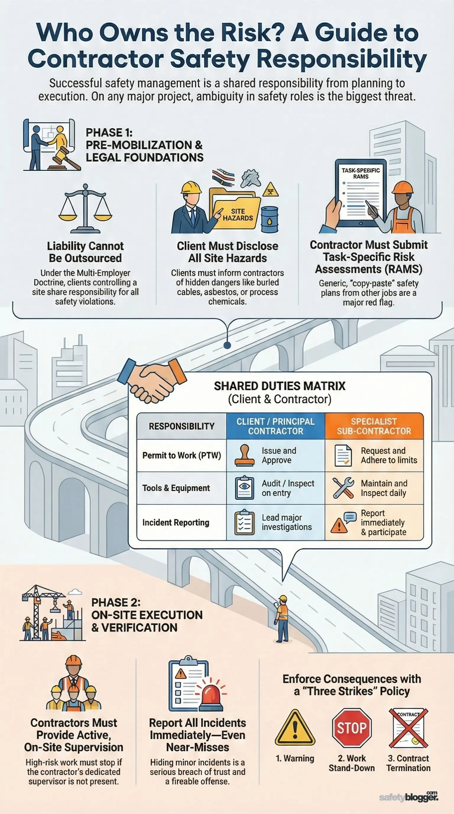 Infographic illustrating contractor safety responsibilities, featuring legal foundations, shared duties matrix, and safety roles in phases.