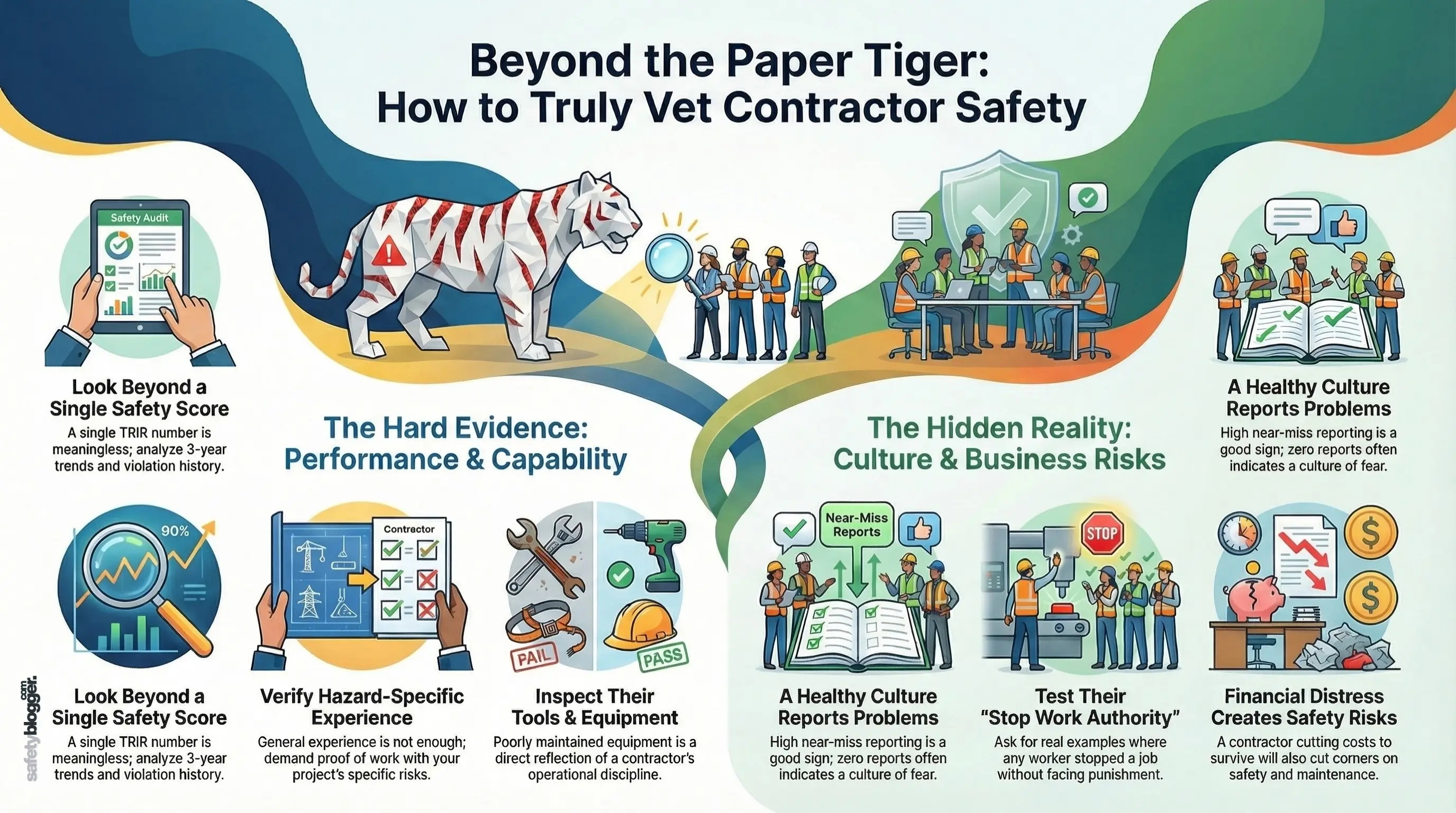 Infographic illustrating key aspects for vetting contractor safety: performance evidence, culture and risks, and safety practices.