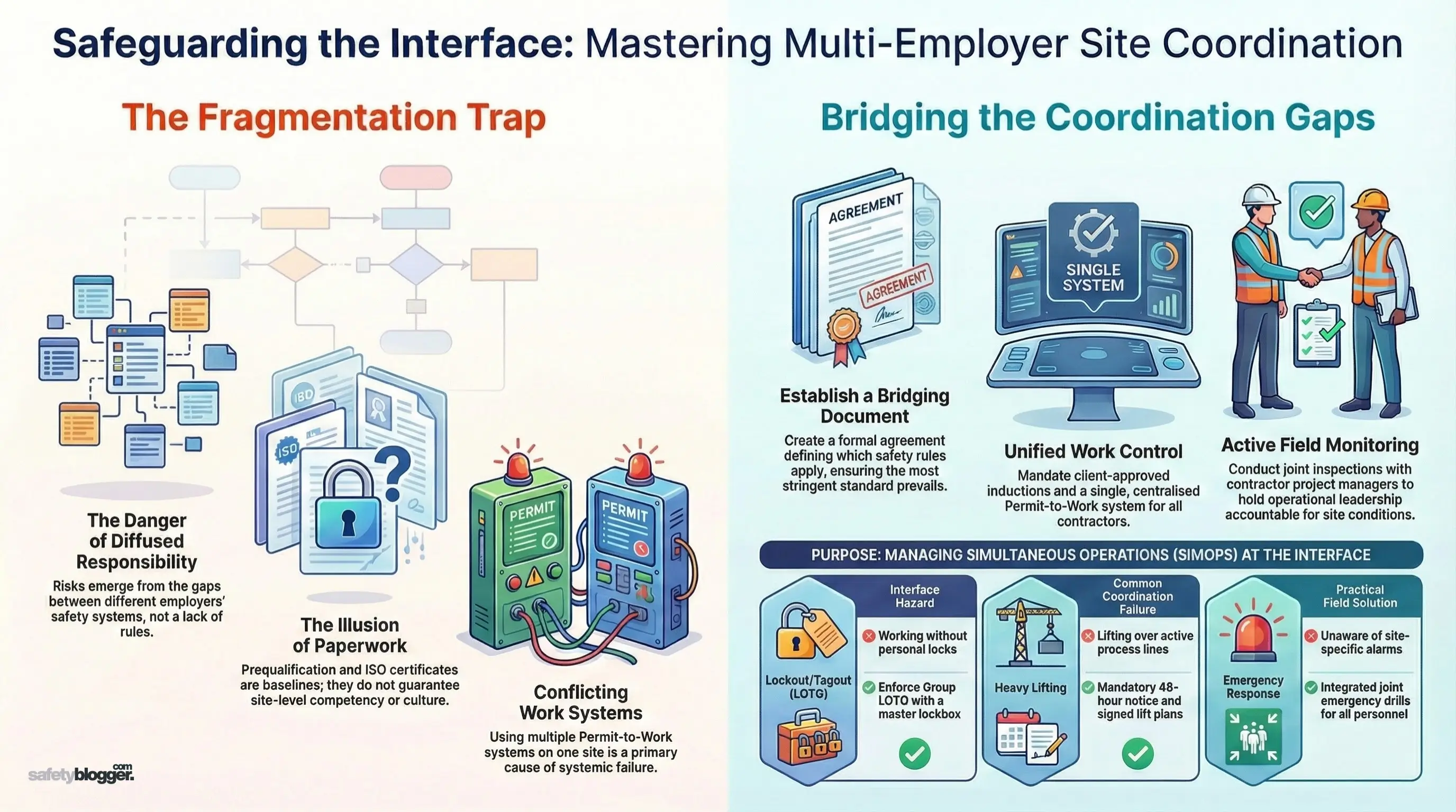 Infographic contrasting fragmented responsibility with effective coordination in multi-employer sites, featuring key strategies and illustrations.