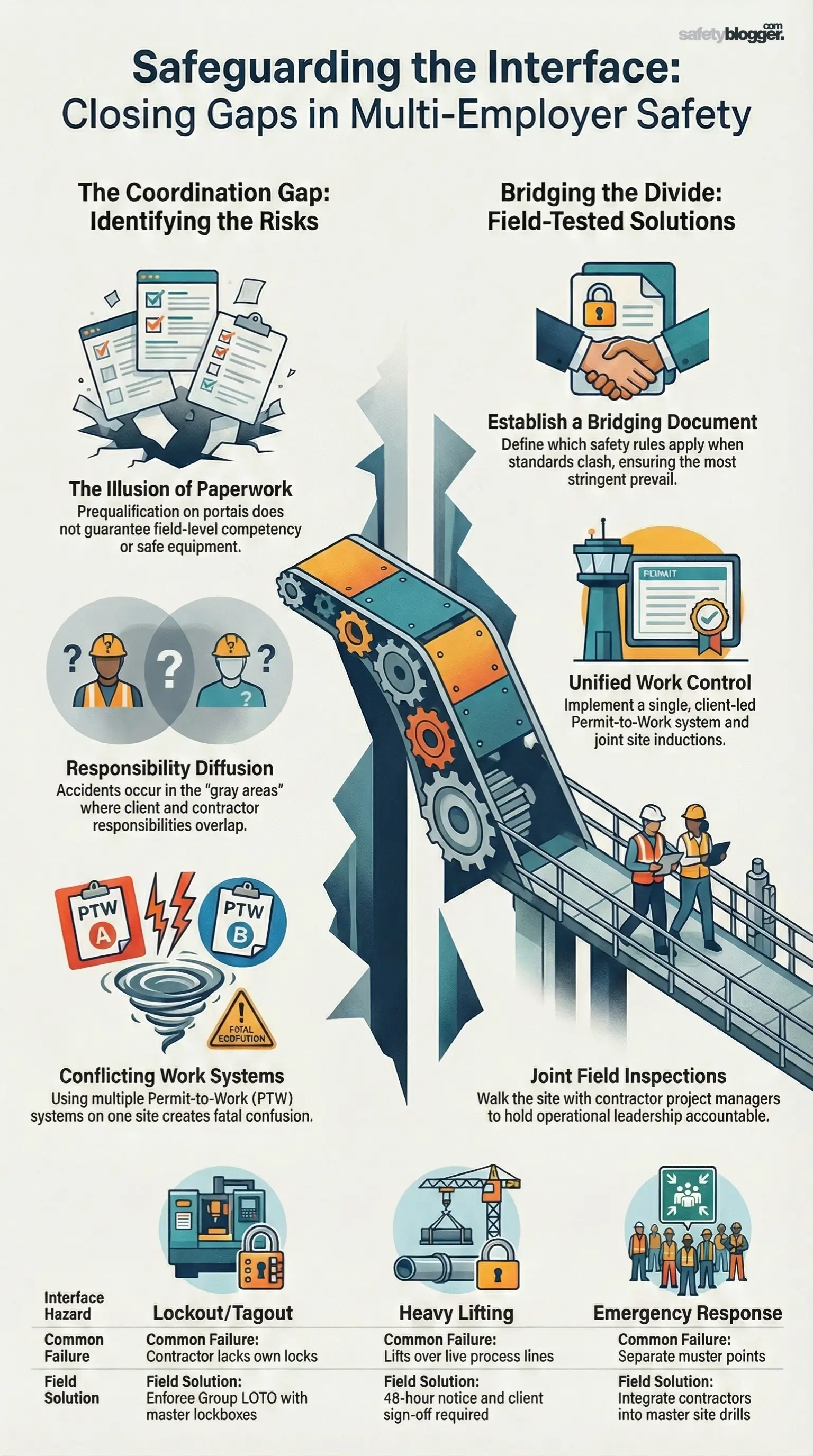 Infographic illustrating coordination and management strategies for client-contractor relationships, highlighting safety and risk management solutions.