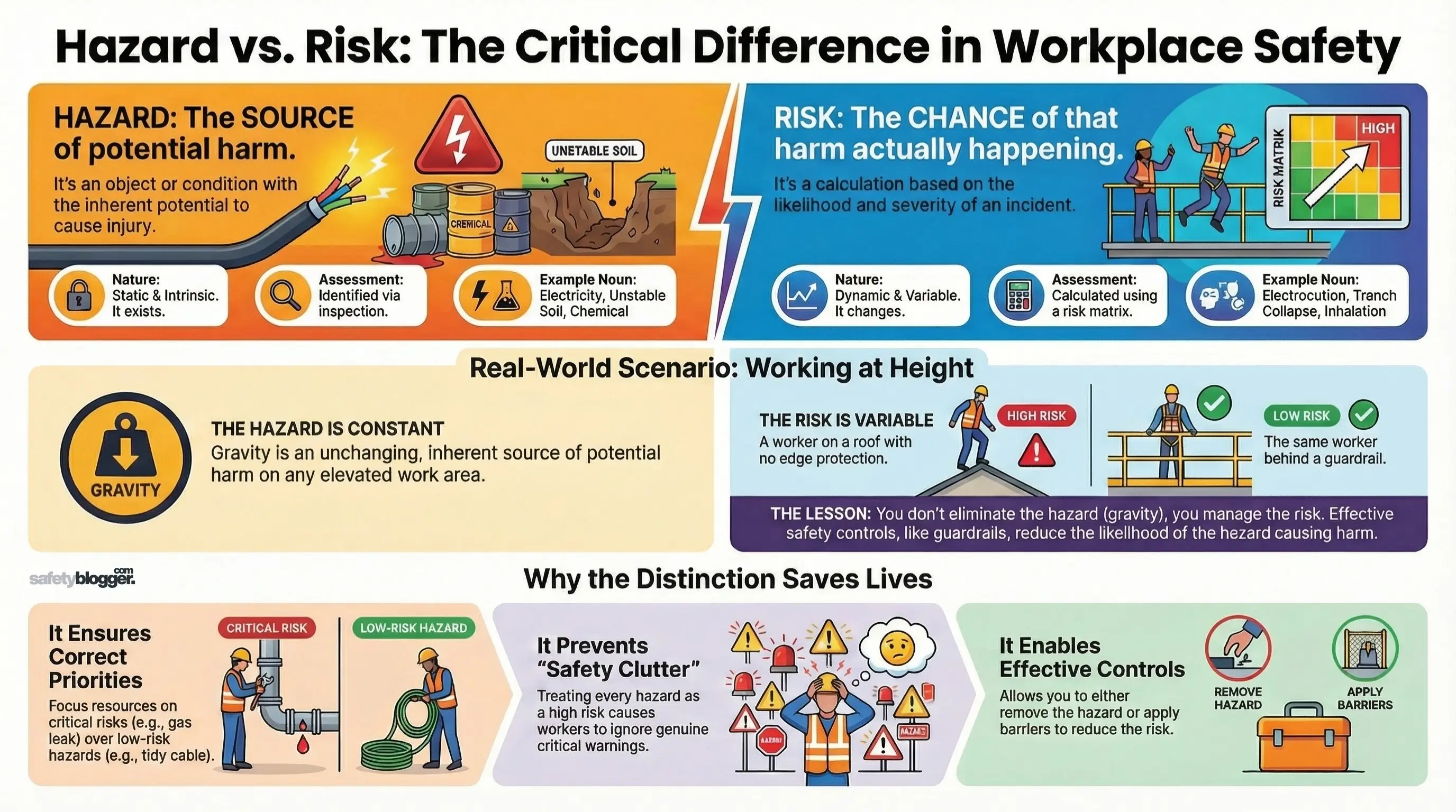 Infographic illustrating the difference between hazard and risk in workplace safety, with examples and real-world scenarios.