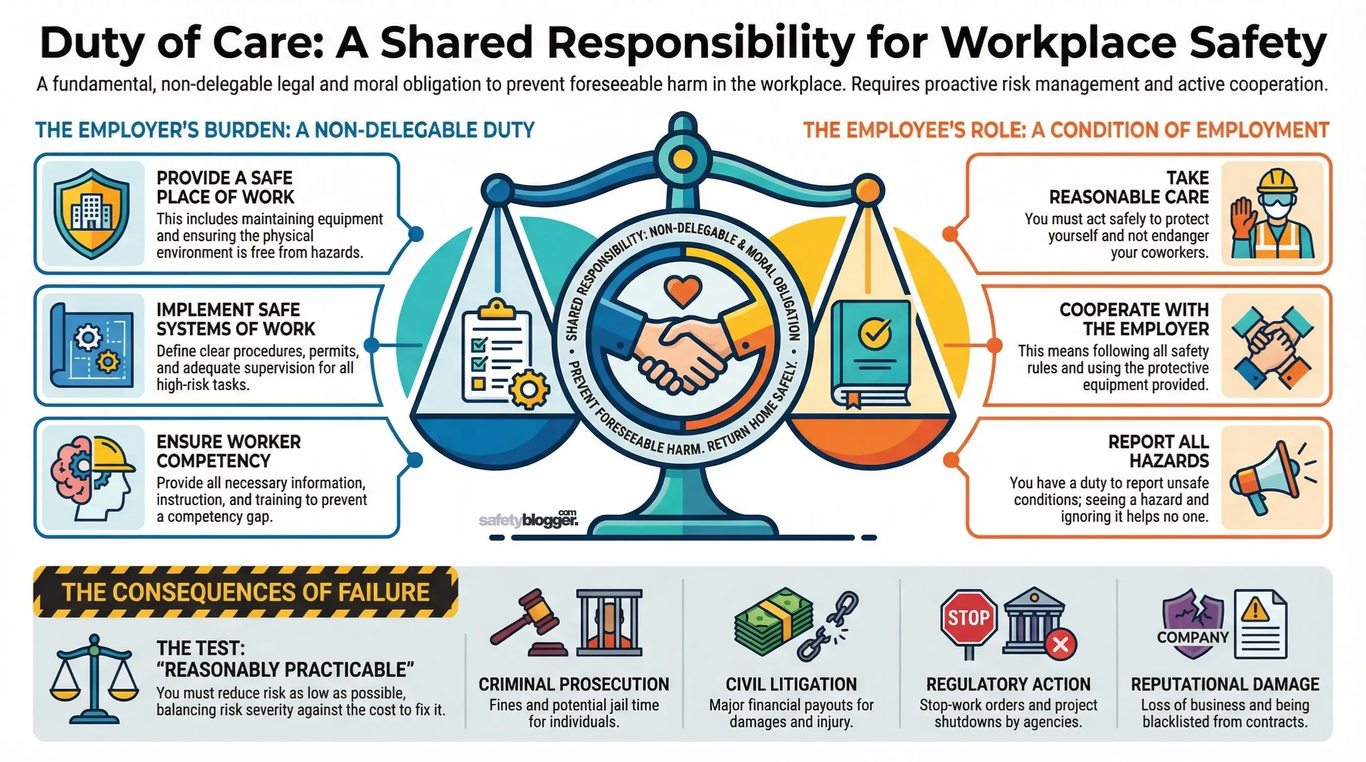 Scale symbolizing balance between employer and employee responsibilities for workplace safety, featuring safety equipment and legal icons.