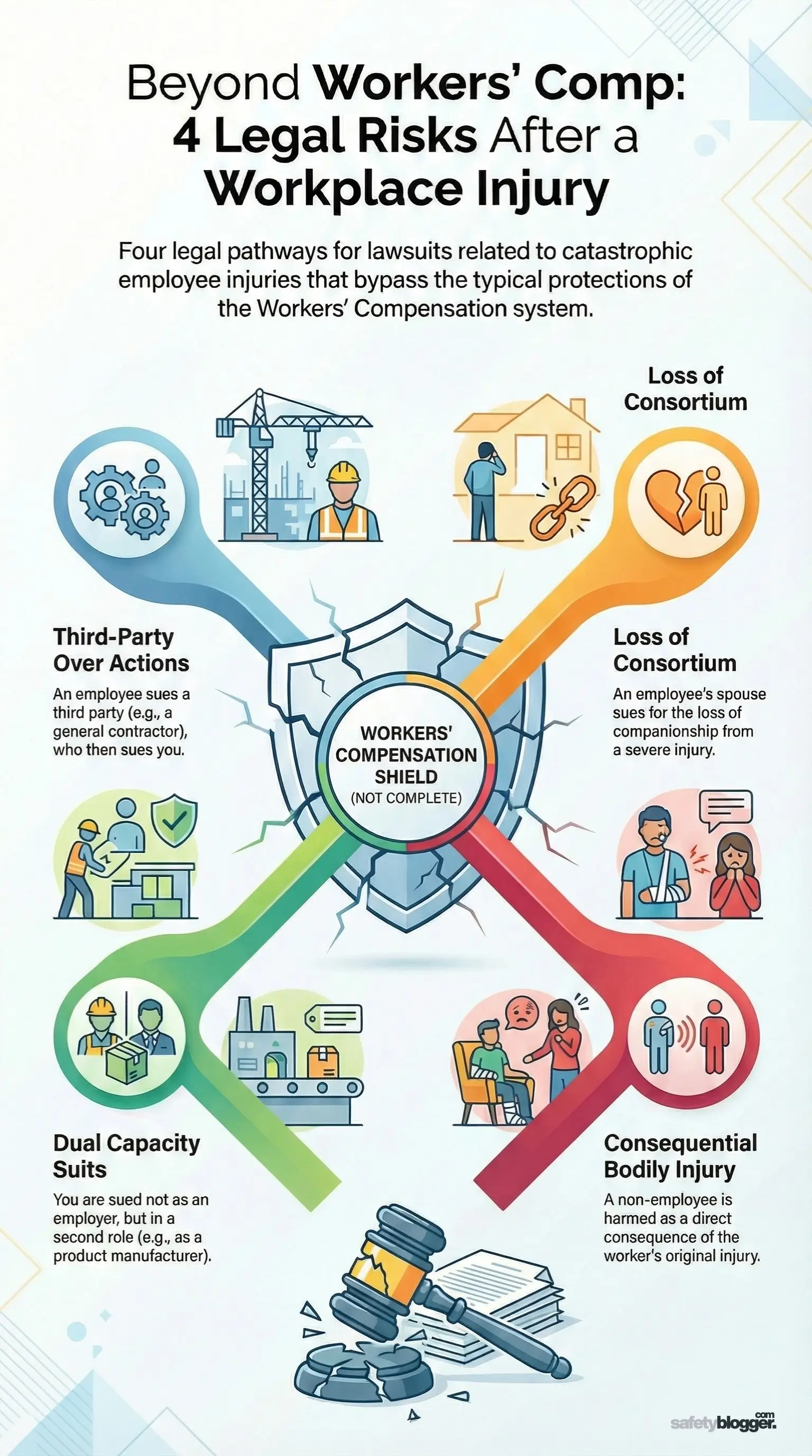 Flowchart illustrating four legal risks after a workplace injury: third-party actions, dual capacity suits, loss of consortium, and consequential bodily injury.