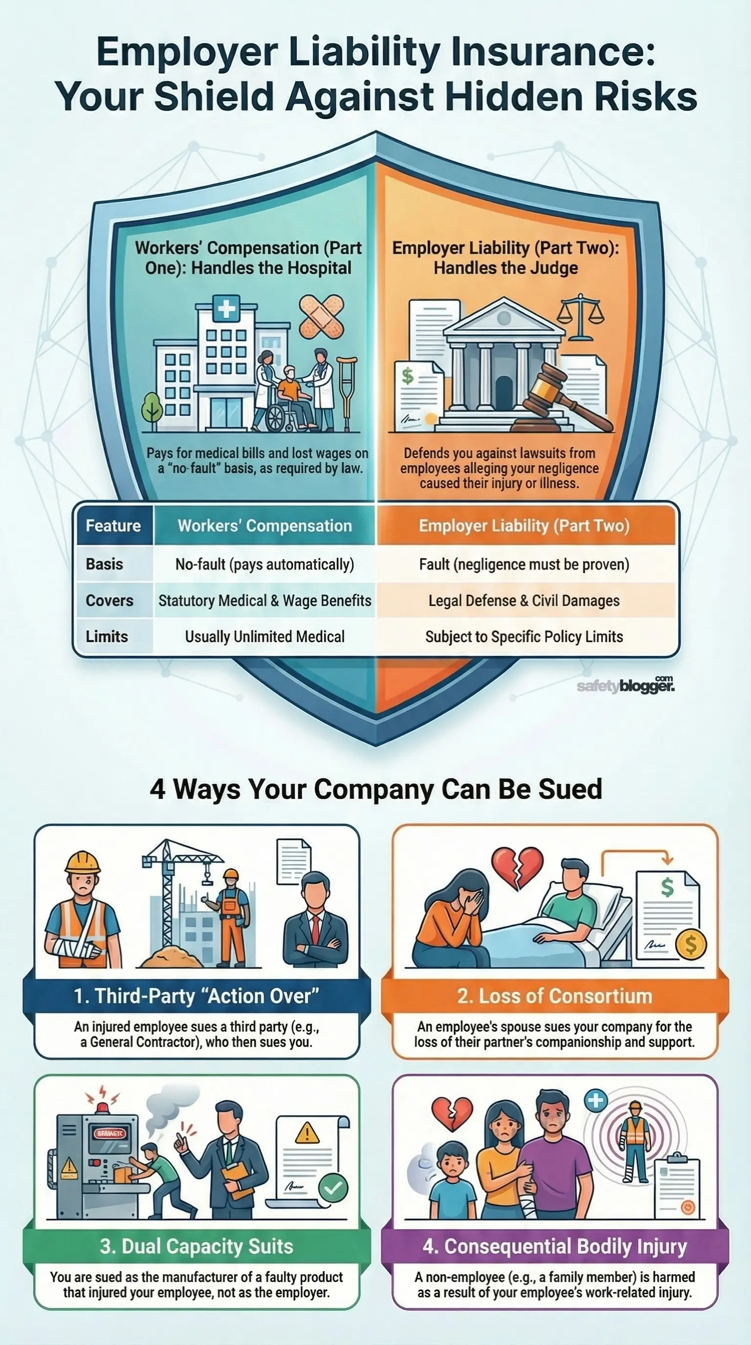 Infographic on employer liability insurance, comparing workers' compensation and employer liability, with examples of company lawsuits.