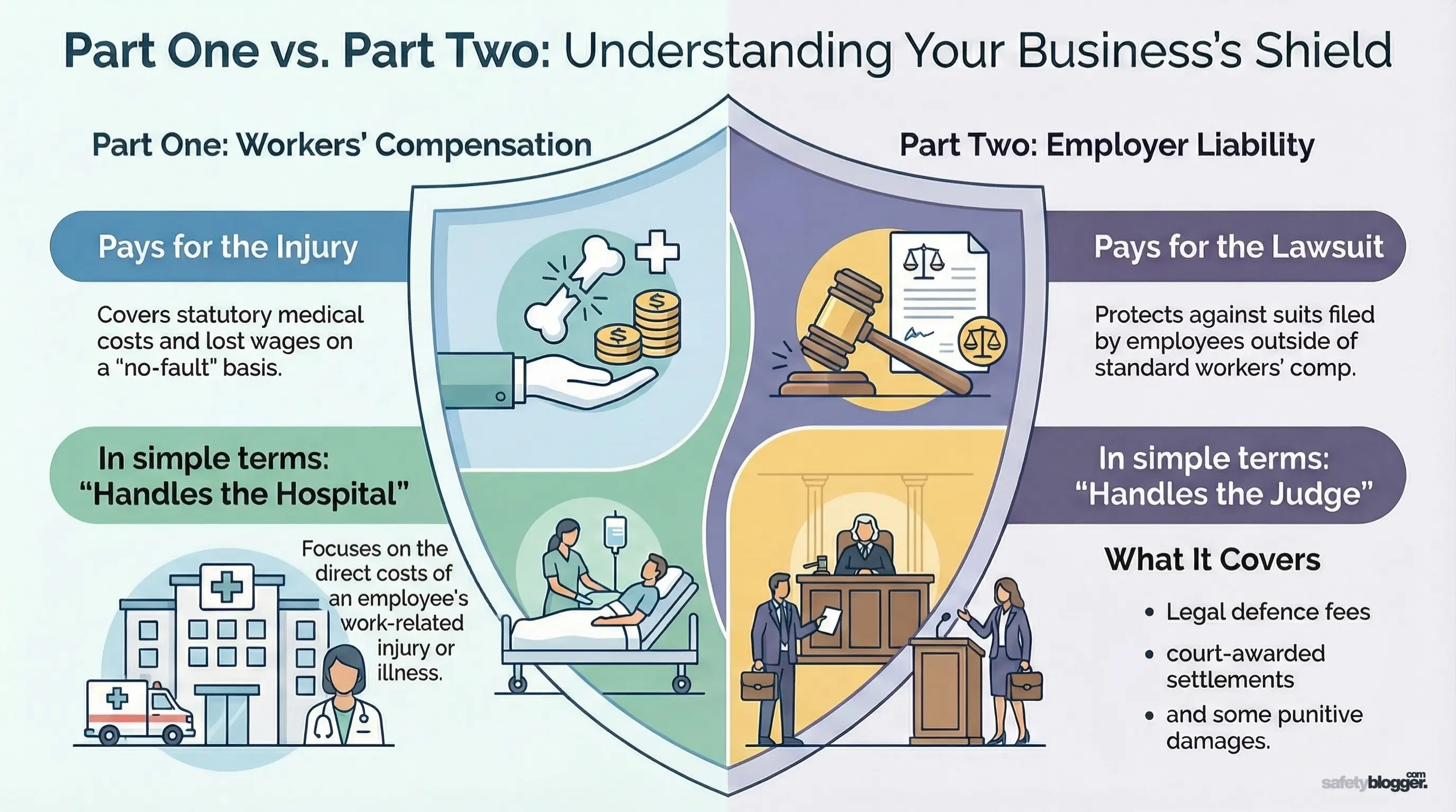 Infographic comparing workers' compensation and employer liability insurance, highlighting coverage differences and financial responsibilities.