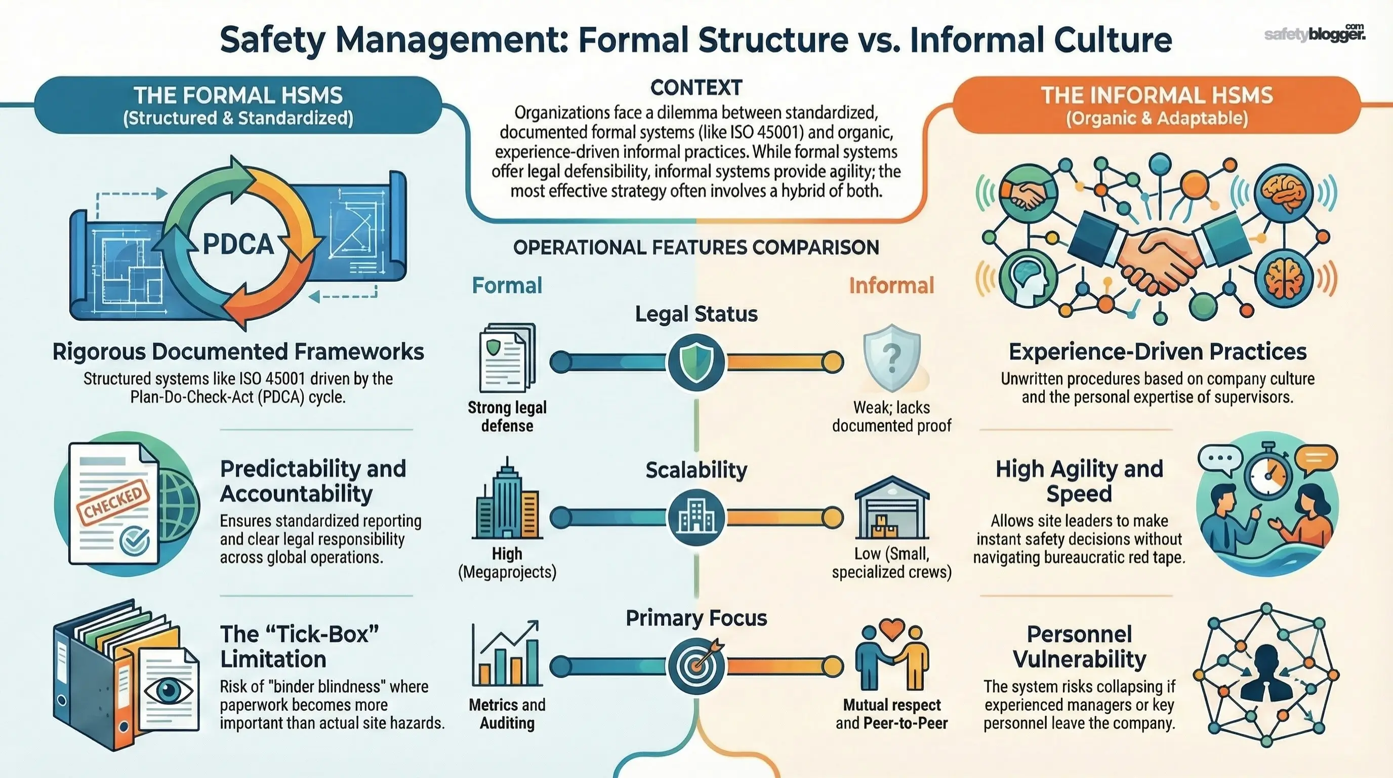 Comparison chart of formal vs. informal health and safety management systems (HSMS), highlighting their features, benefits, and limitations.