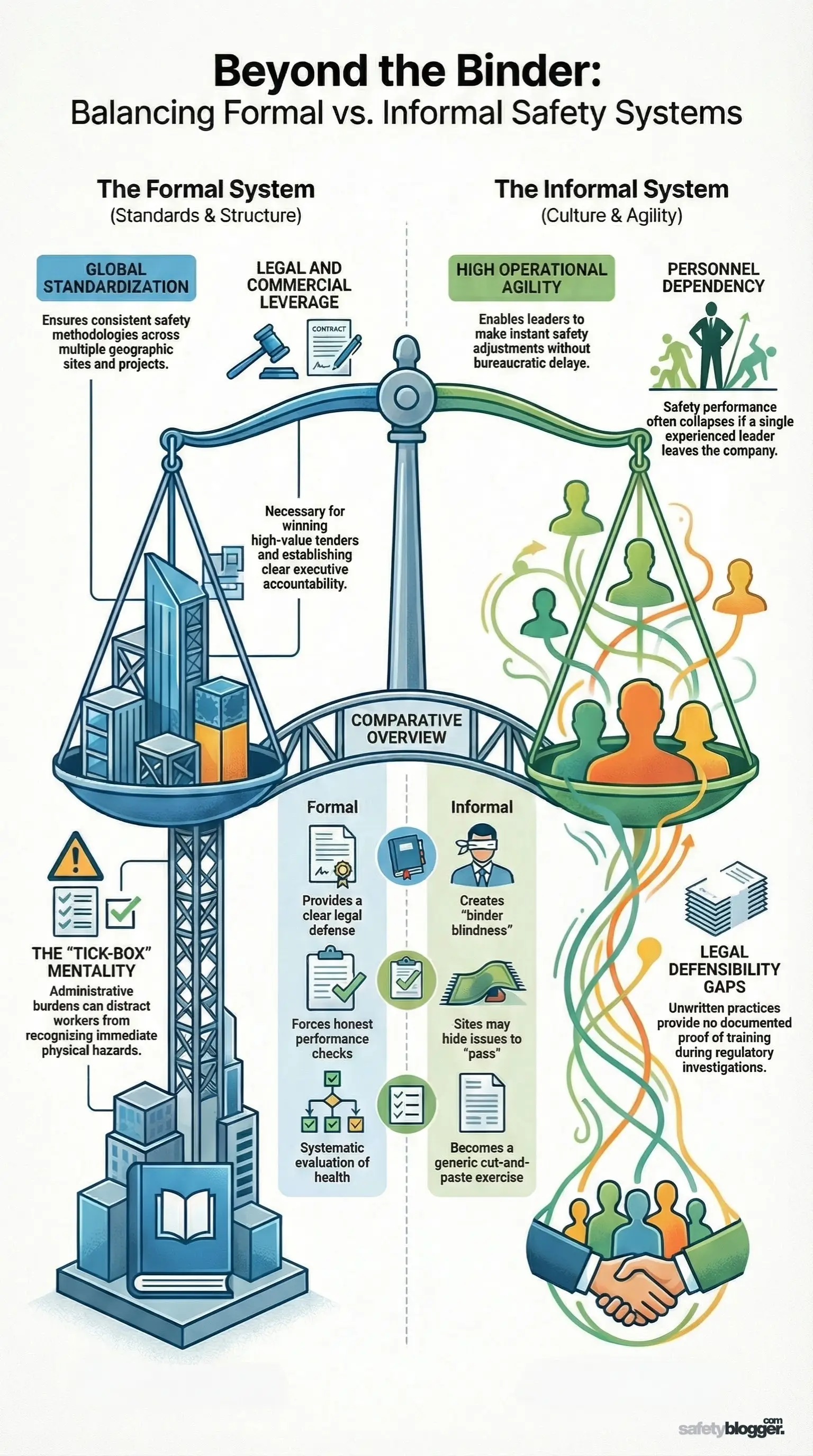 Illustration comparing benefits and limitations of formal vs. informal health and safety management systems, highlighting structure and agility.
