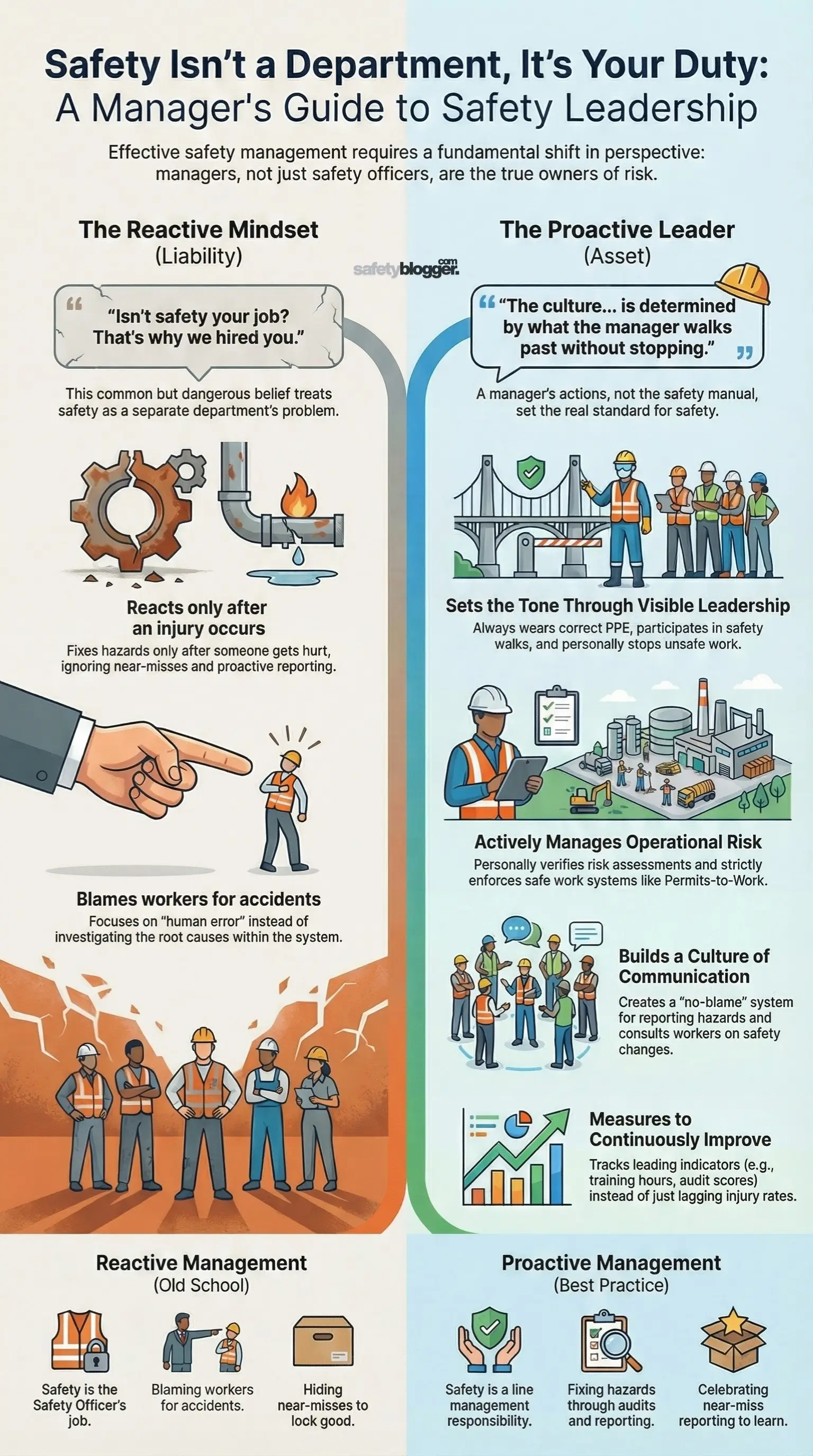 Infographic contrasting reactive vs. proactive safety management approaches for managers, highlighting leadership responsibilities.