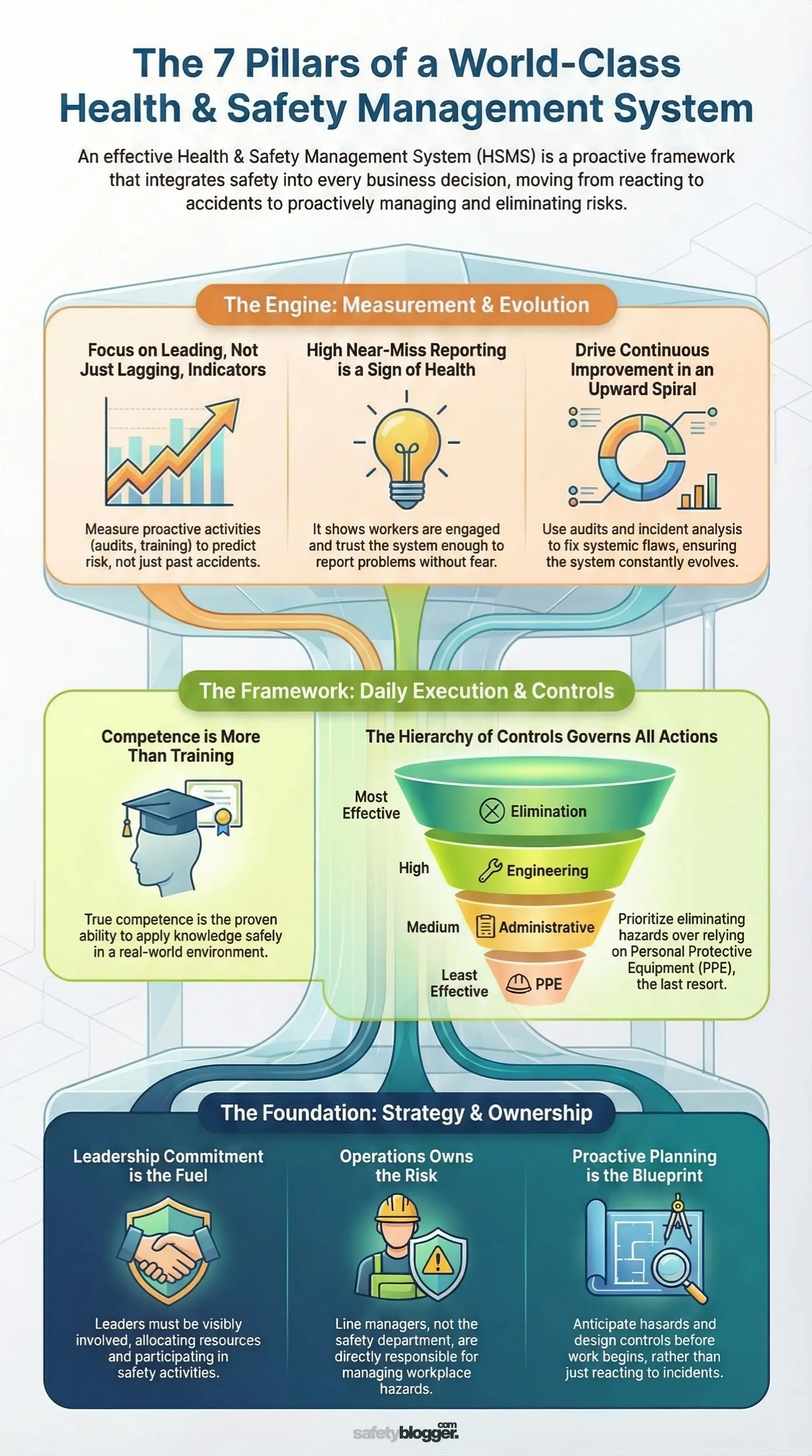Infographic illustrating the 7 pillars of a Health & Safety Management System, including measurement, execution, and strategic planning.
