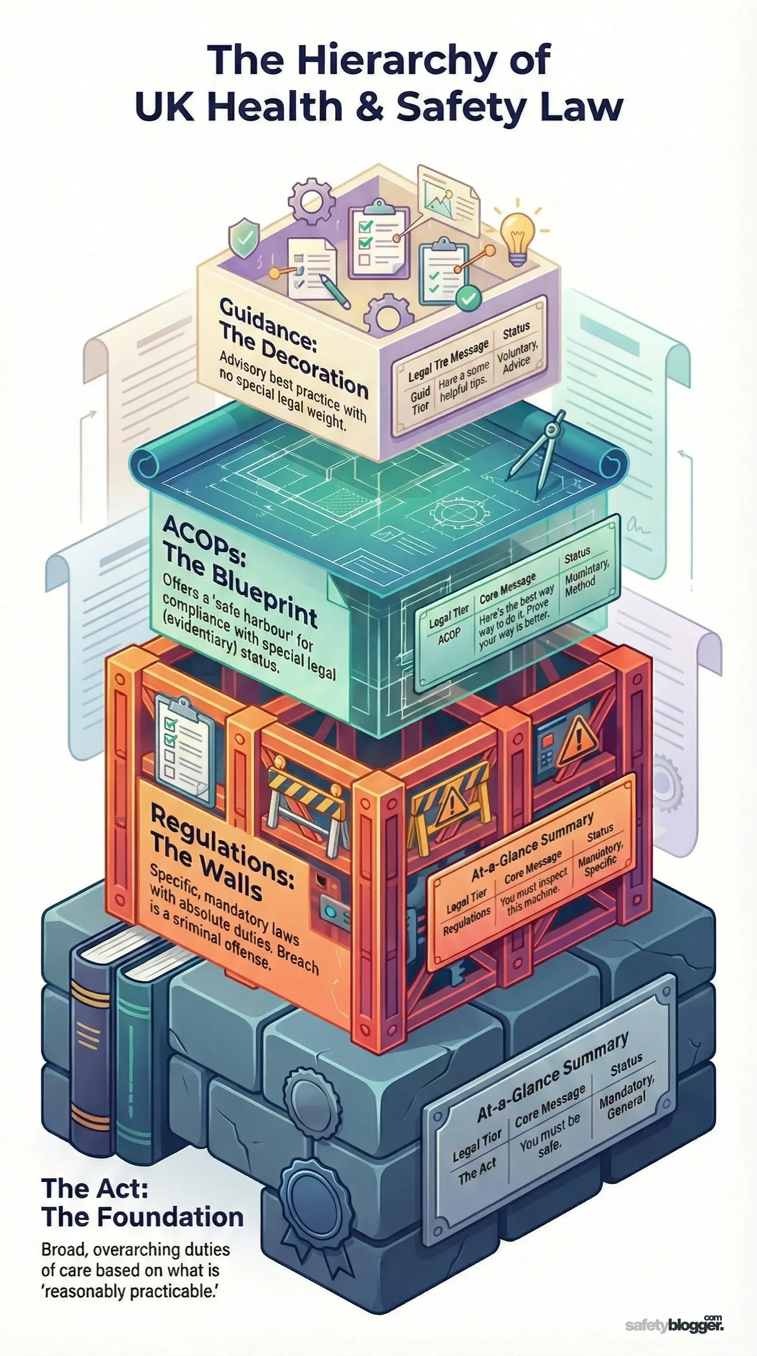 Flowchart illustrating the hierarchy of UK Health & Safety Law, highlighting HSE regulations, ACOPs, and guidance differences.