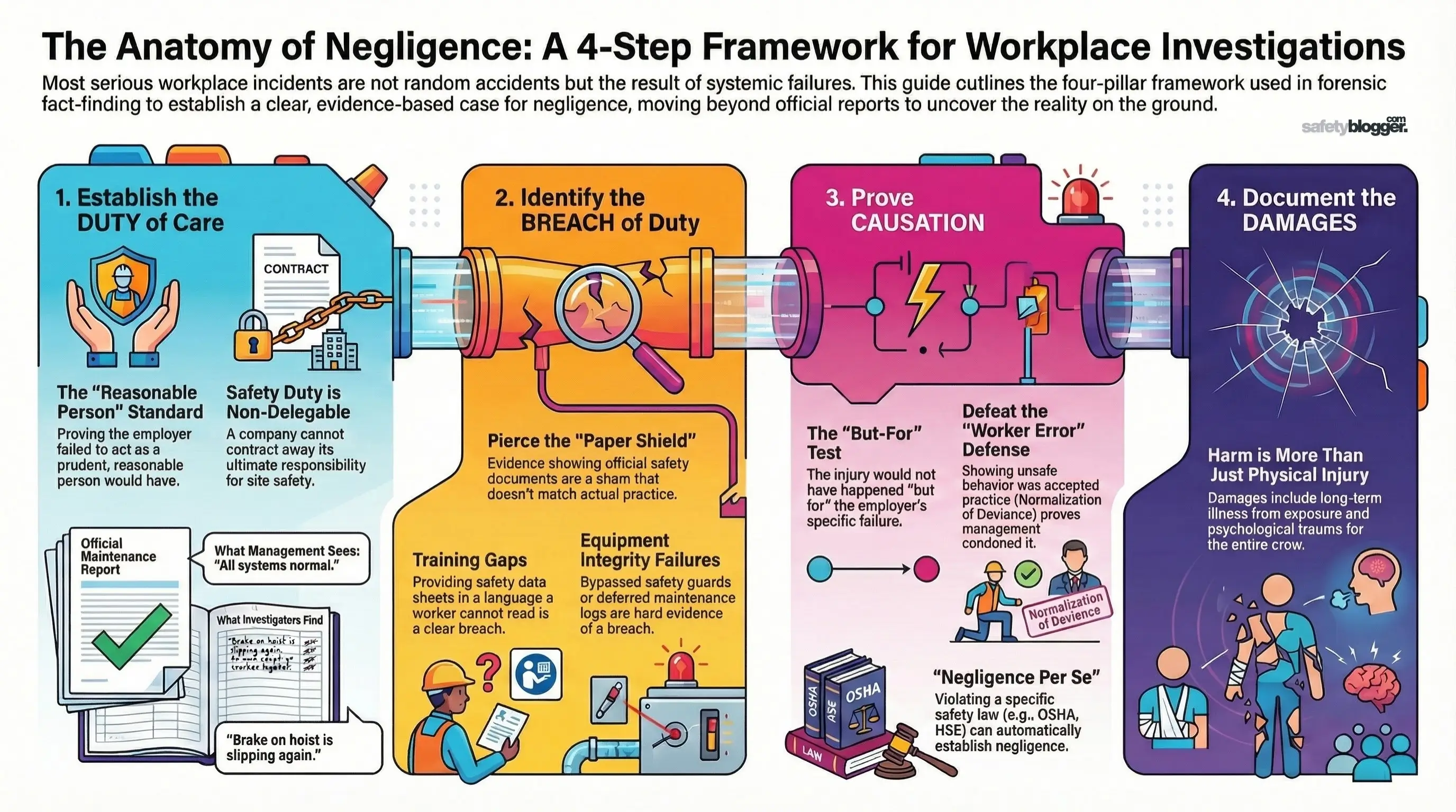 Infographic illustrating a 4-step framework for proving negligence in workplace accidents, including duty of care and breach identification.