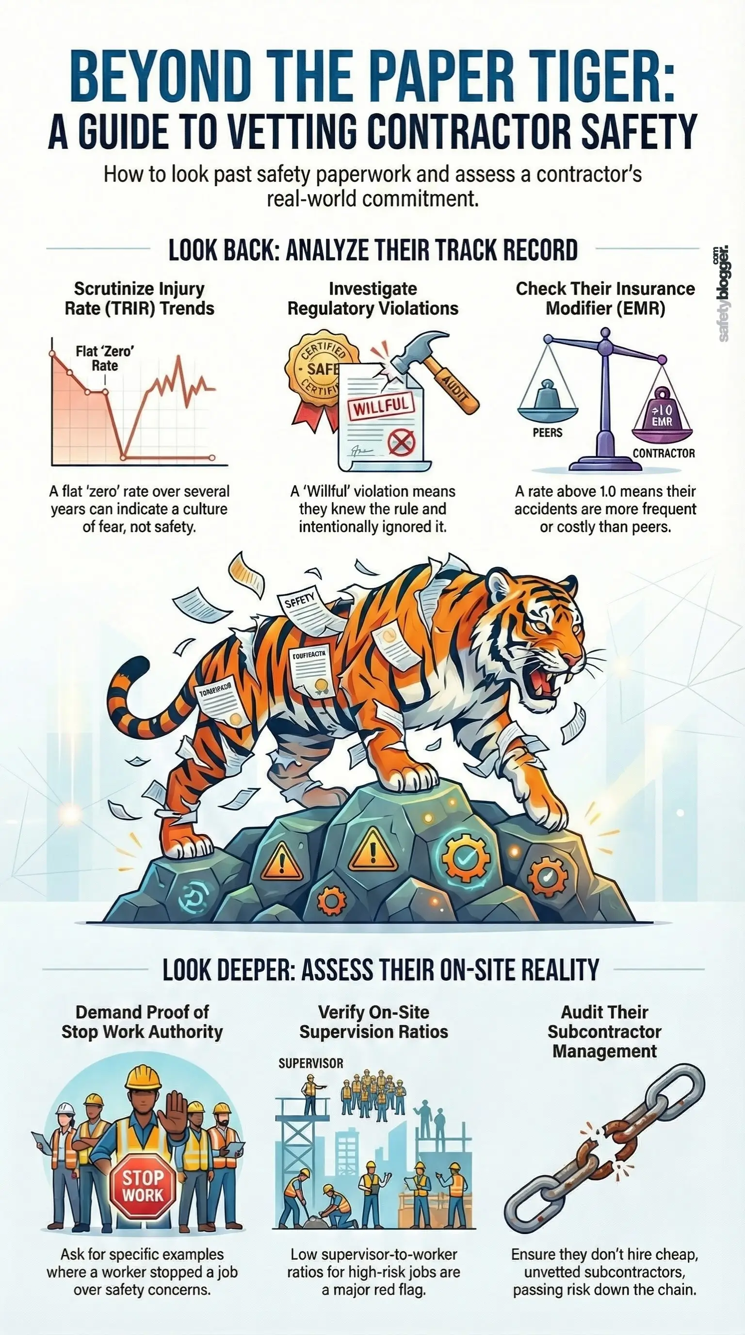 Infographic on contractor safety assessment with metrics like TRIR trends, legal violations, and on-site supervision tips.
