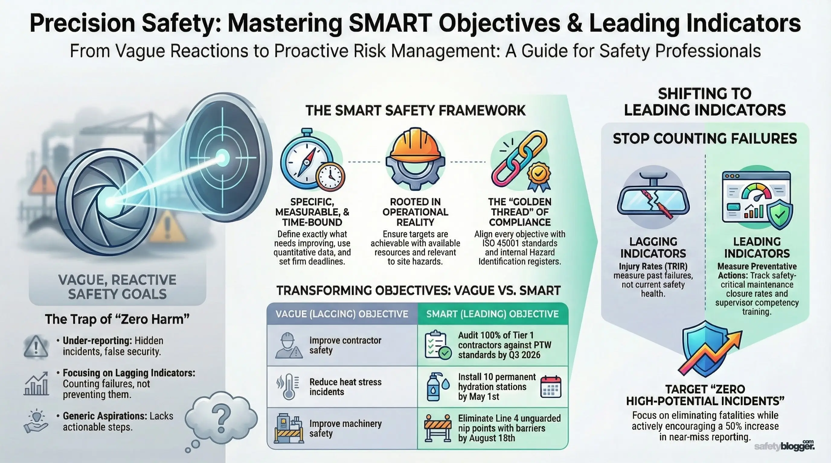SMART framework illustration for safety goals, highlighting specific, measurable, achievable, relevant, and time-bound objectives.
