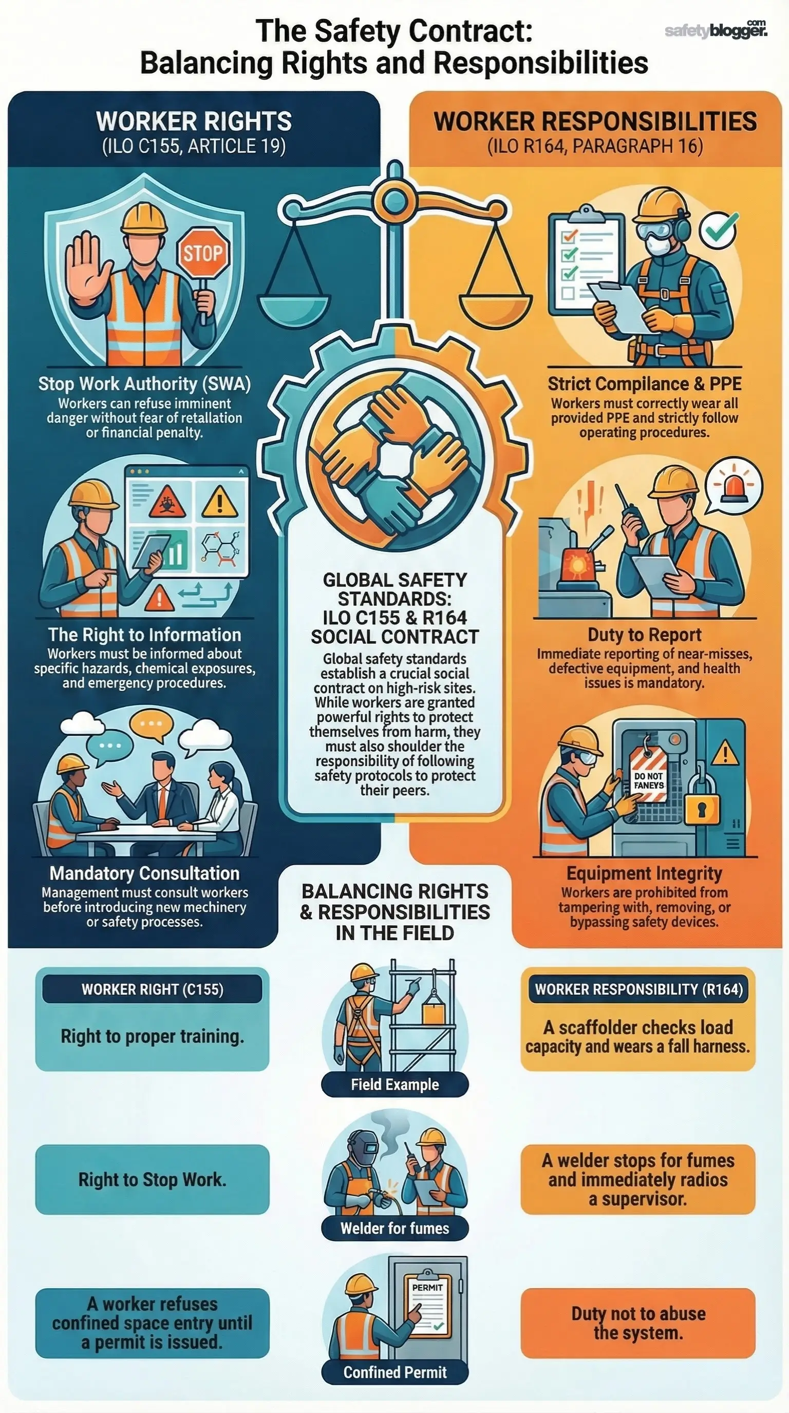 Infographic on ILO C155 & R164, detailing worker rights and responsibilities for safety, including PPE and training guidelines.