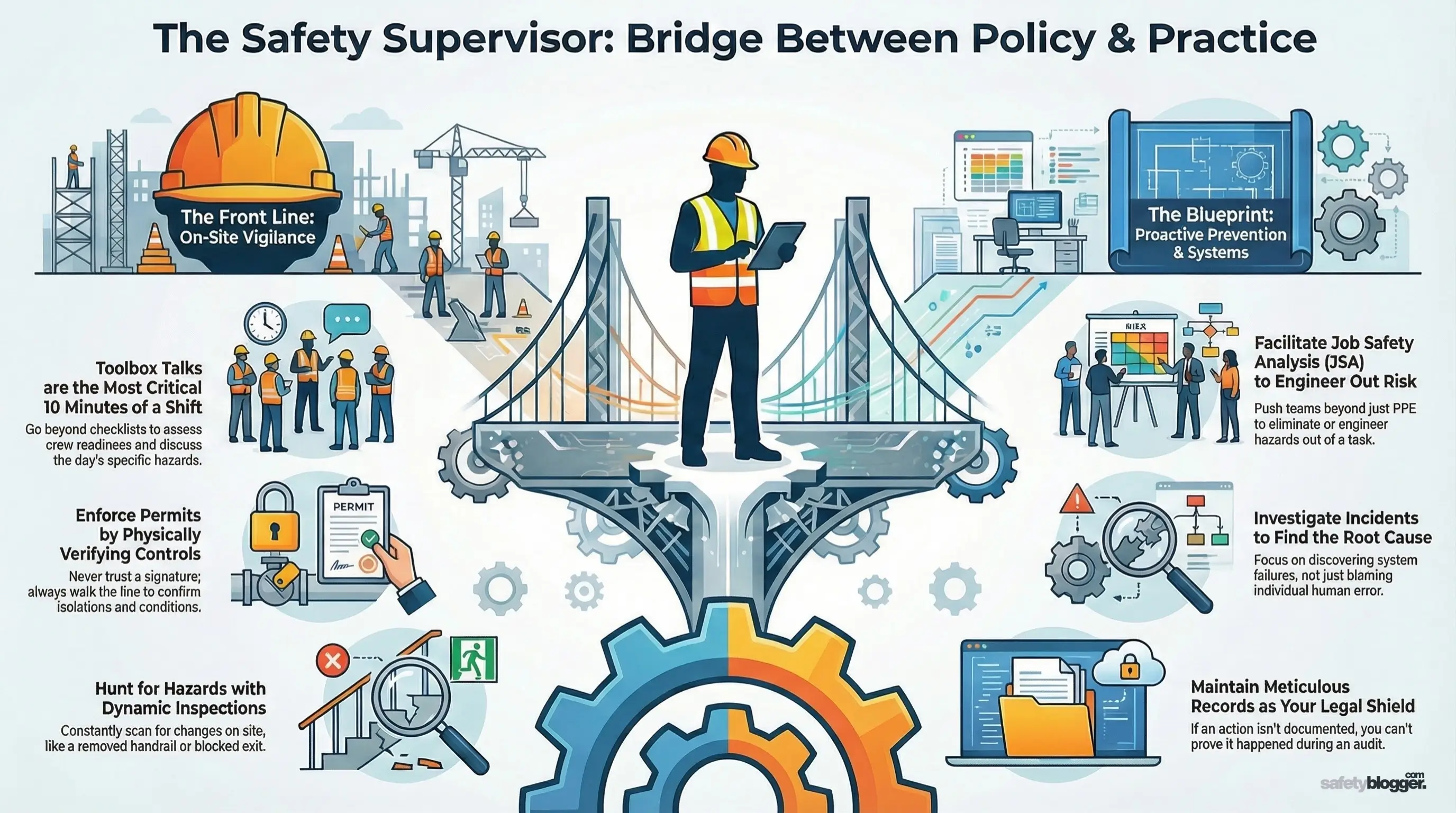 Safety supervisor on a bridge with field tasks and policy elements, illustrating key responsibilities in safety management.