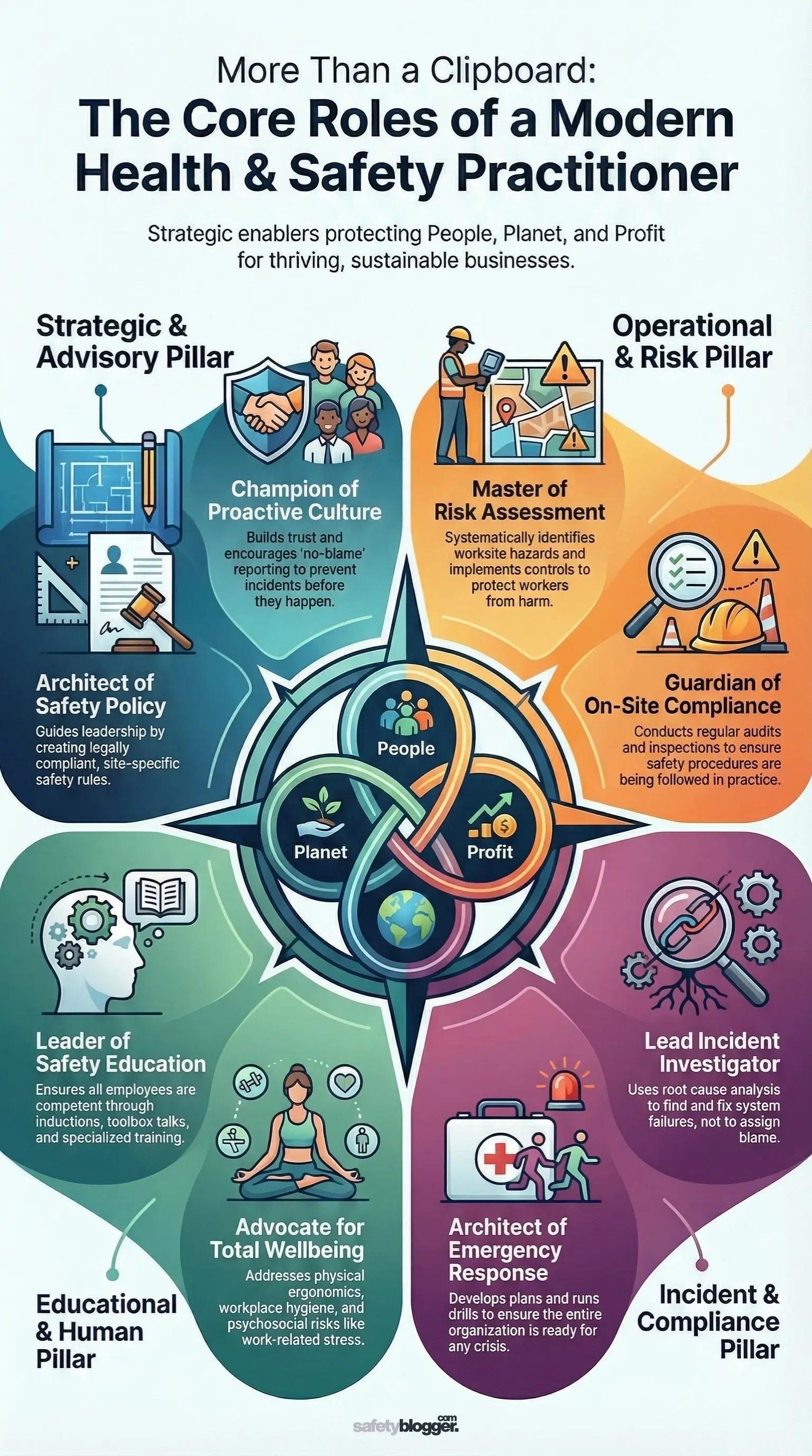 Infographic detailing the core roles of a modern health and safety practitioner, highlighting responsibilities like risk assessment and policy development.