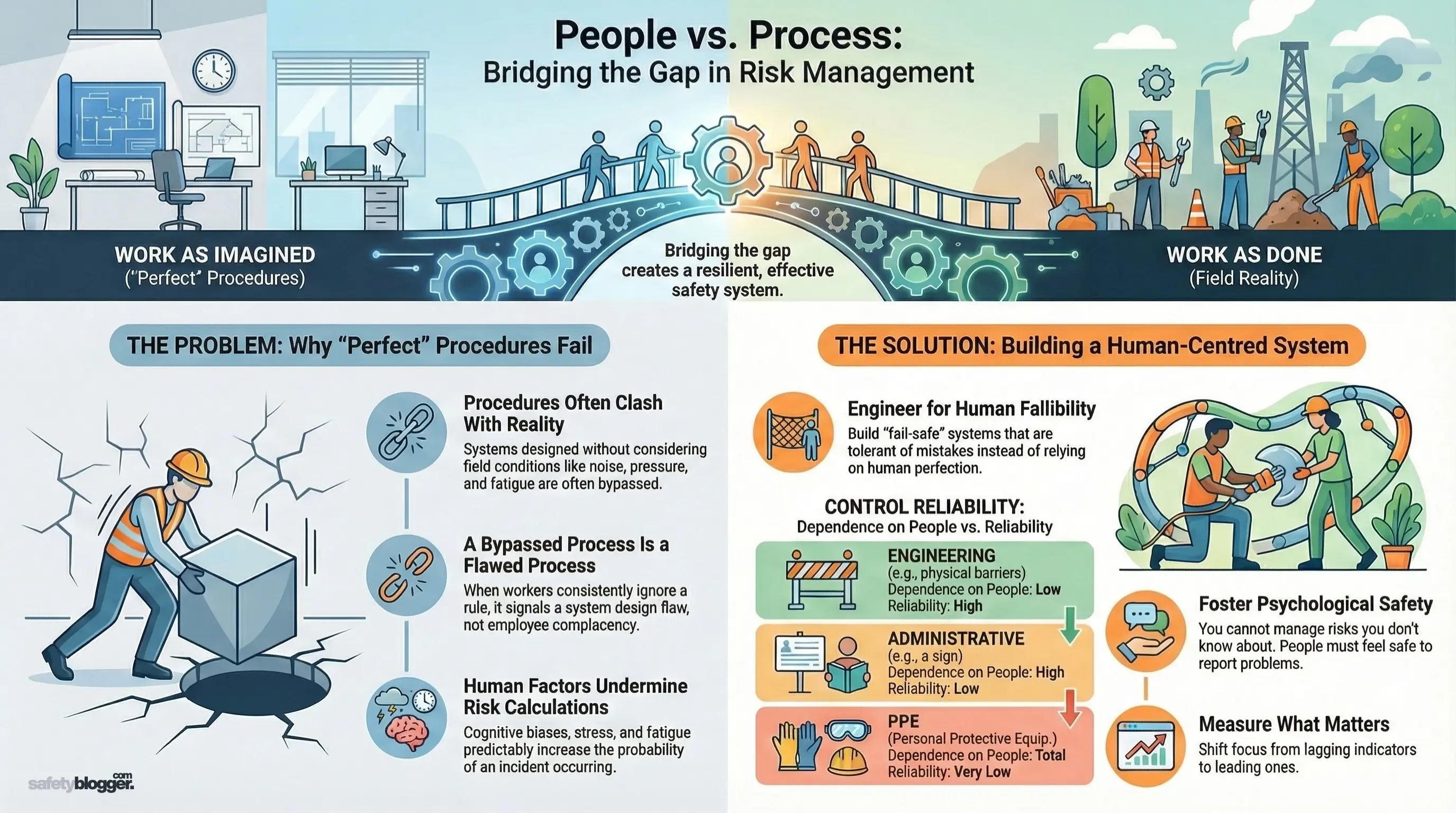 Illustrated infographic showing the contrast between ideal and real work in risk management, highlighting human-centered solutions.