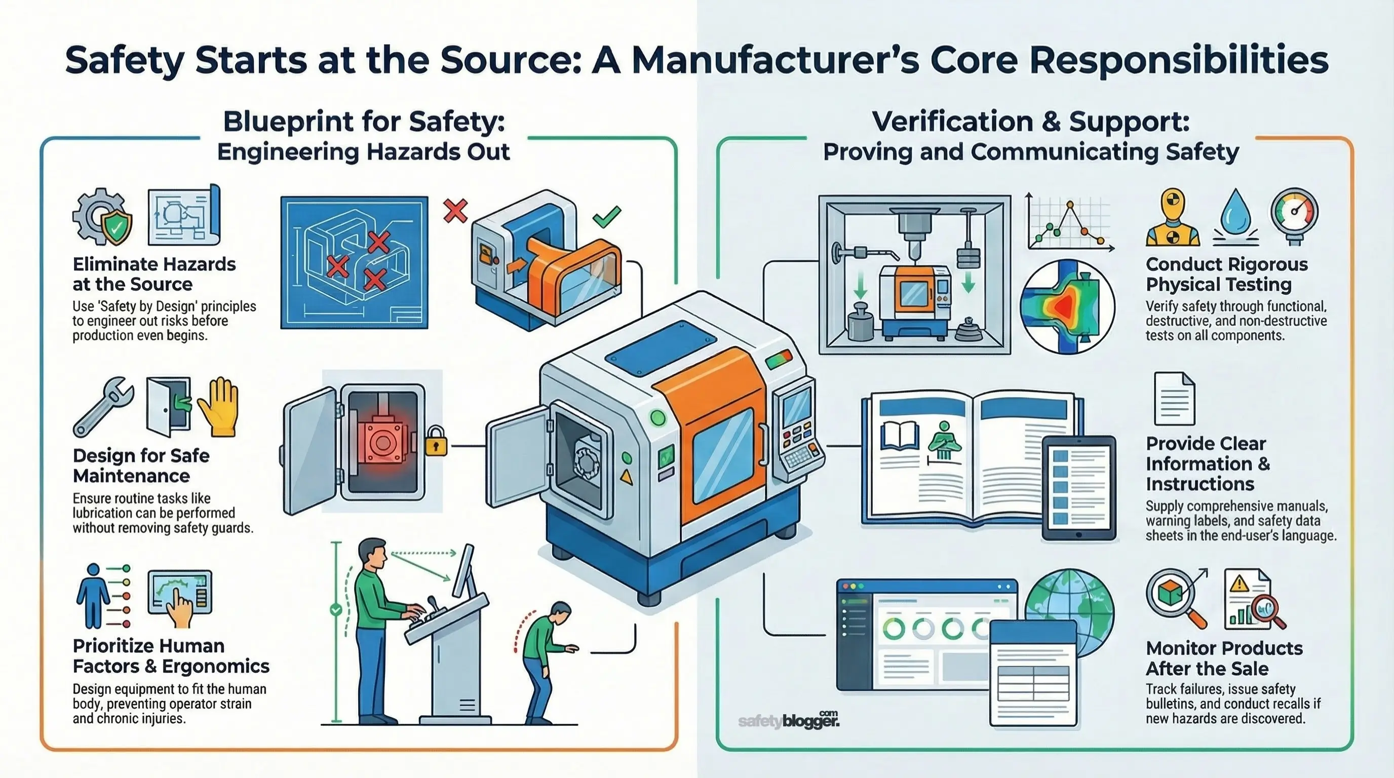 Infographic illustrating manufacturer safety practices, including hazard elimination, safety maintenance, and verification testing.
