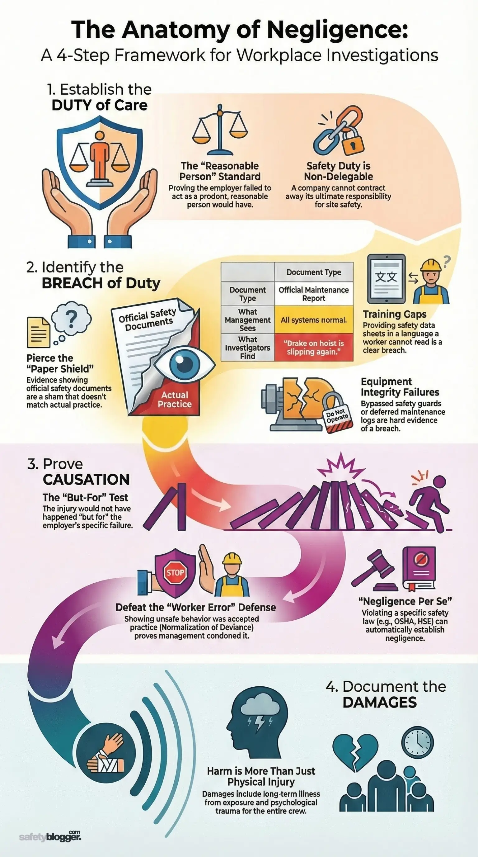 Infographic illustrating a 4-step framework for proving negligence in workplace accidents, featuring duty of care, breach, causation, and damages.