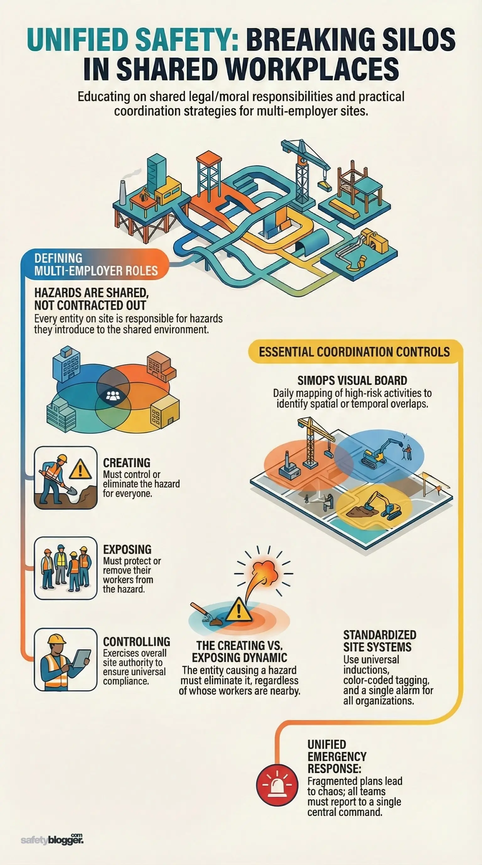 Flowchart illustrating safety and coordination strategies for organizations sharing a workplace, emphasizing collaboration and hazard control.