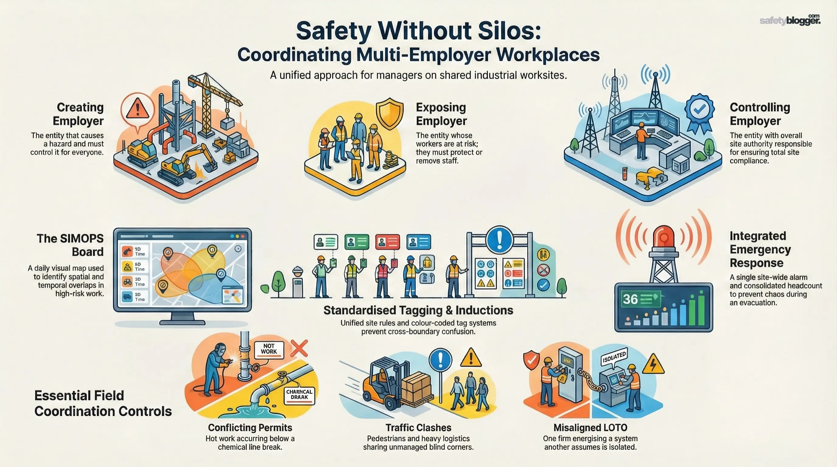 Infographic illustrating strategies for coordinated multi-employer workplaces, including control measures and safety systems.