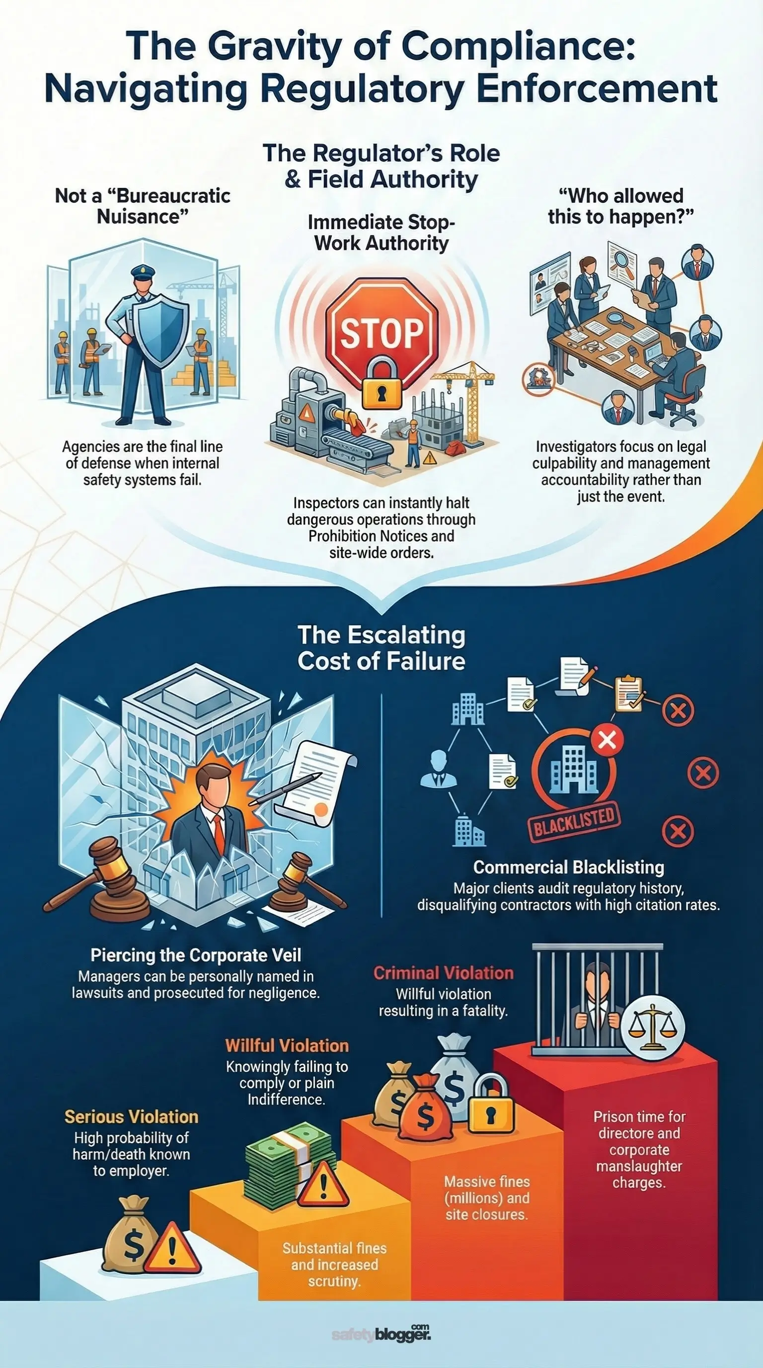 Infographic titled "The Gravity of Compliance" detailing enforcement roles, stop-work authority, and non-compliance consequences like fines.