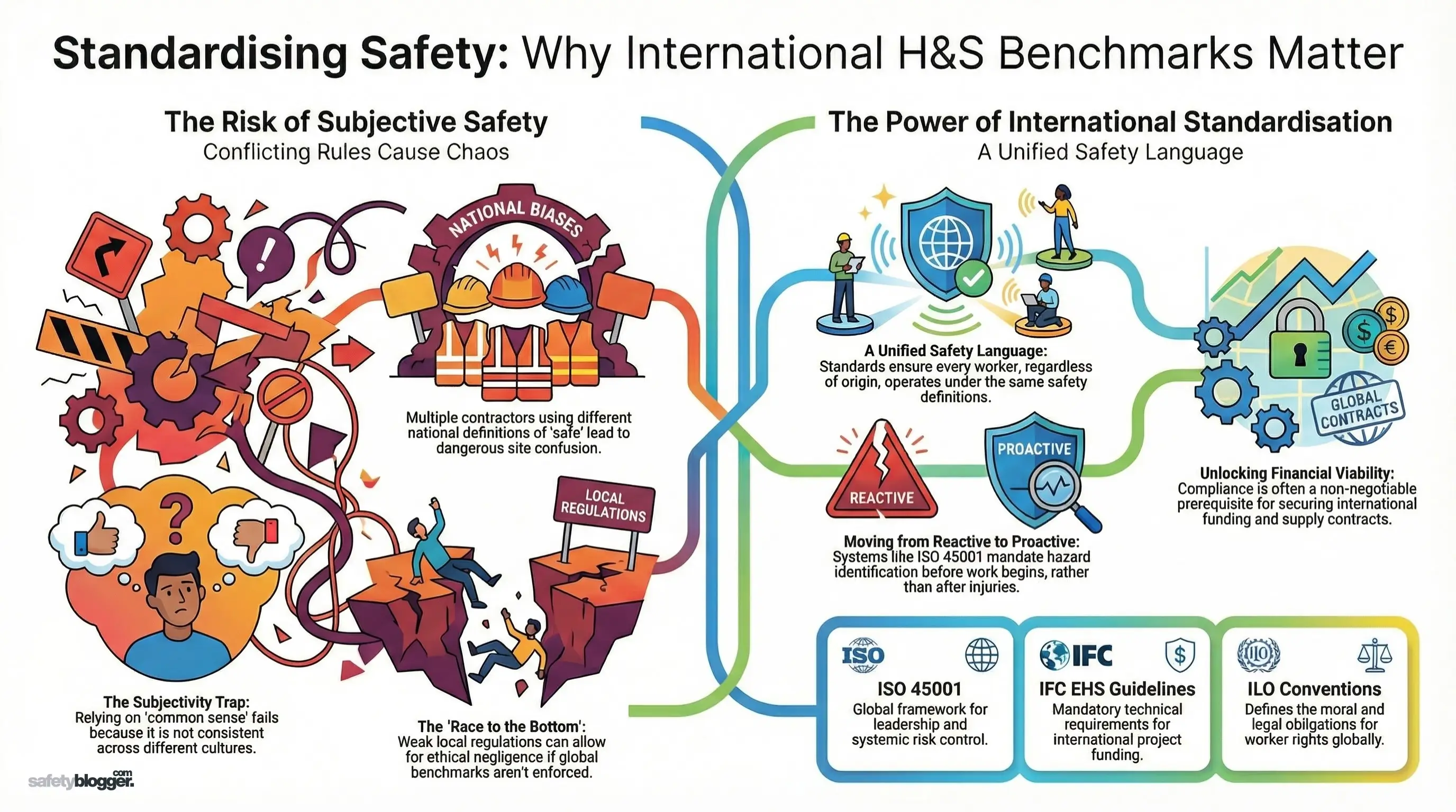 Infographic comparing risks of subjective safety with benefits of international health and safety standards, highlighting ISO 45001 and IFC guidelines.