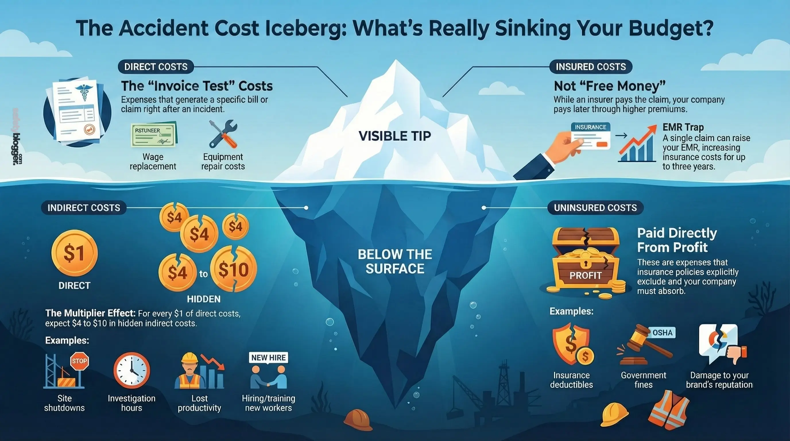 Infographic of an iceberg illustrating visible and hidden costs of work accidents, highlighting direct, indirect, insured, and uninsured expenses.