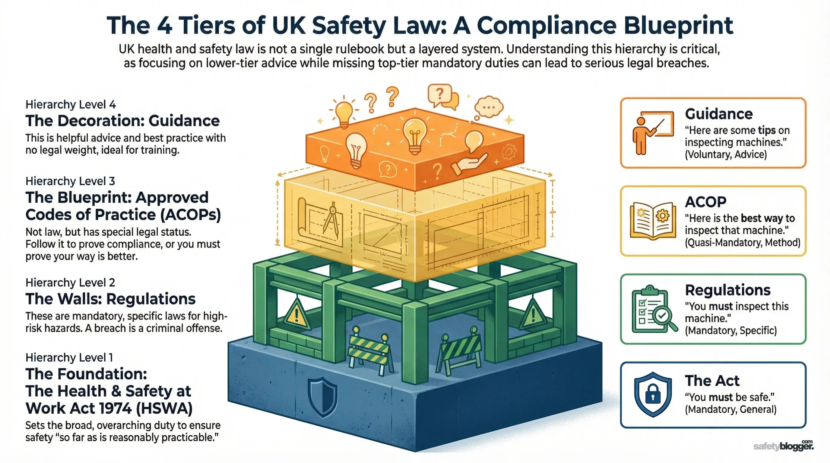 Infographic illustrating the four tiers of UK safety law: guidance, ACOPs, regulations, and acts, emphasizing their legal differences.