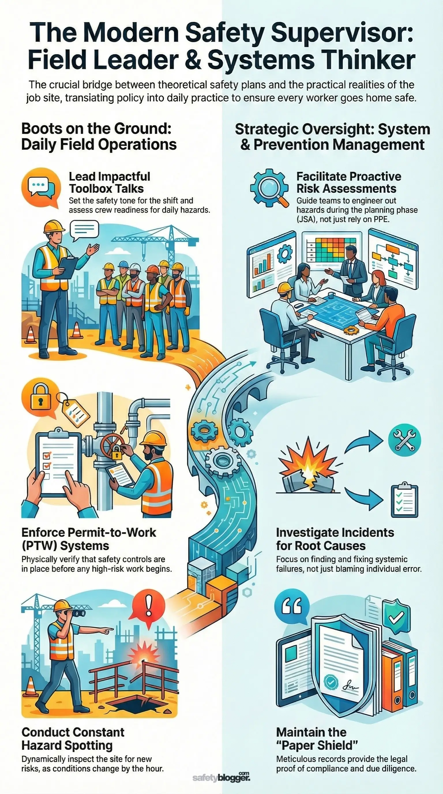 Safety supervisor visual guide detailing roles like leading toolbox talks, risk assessments, permit-to-work enforcement, and hazard monitoring.