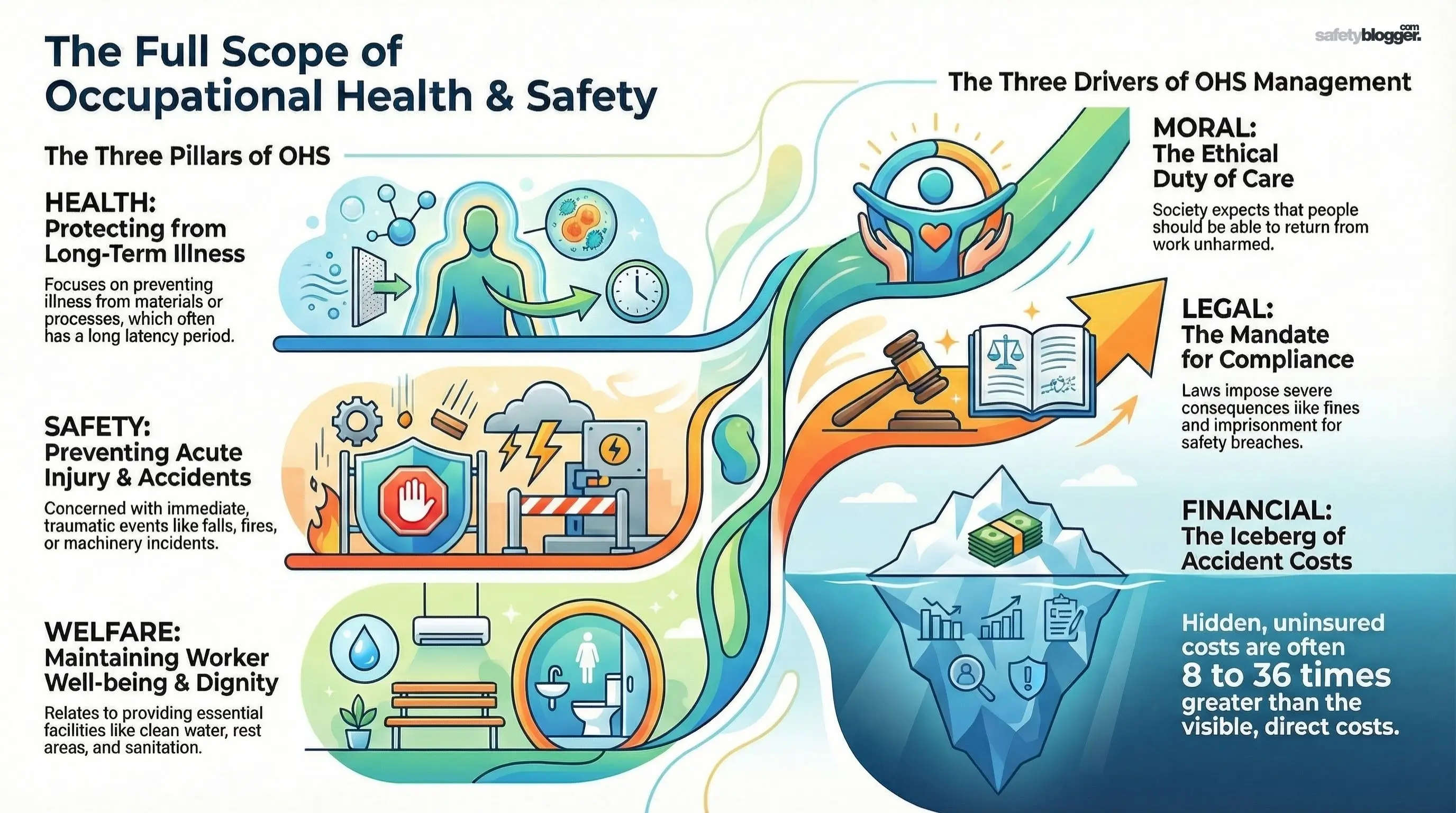 Illustration depicting the pillars of occupational health and safety and its management drivers, including moral, legal, and financial aspects.