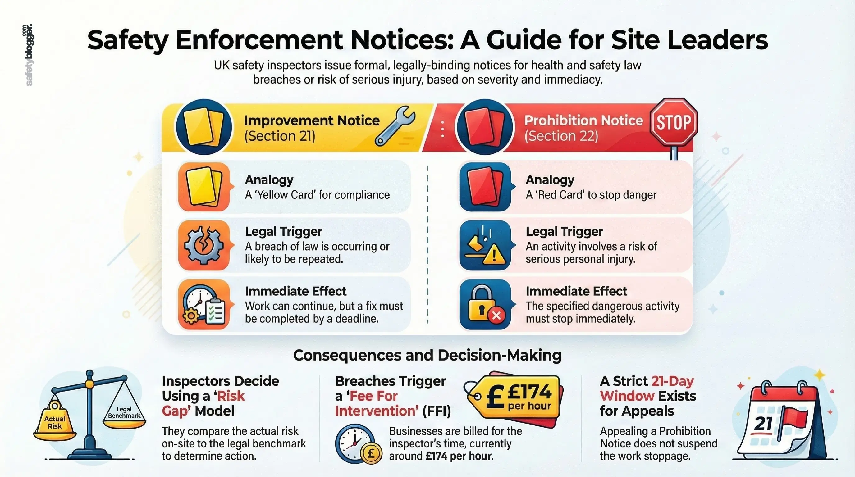 Infographic detailing safety enforcement notices: improvement notice (Section 21) and prohibition notice (Section 22) with triggers and effects.