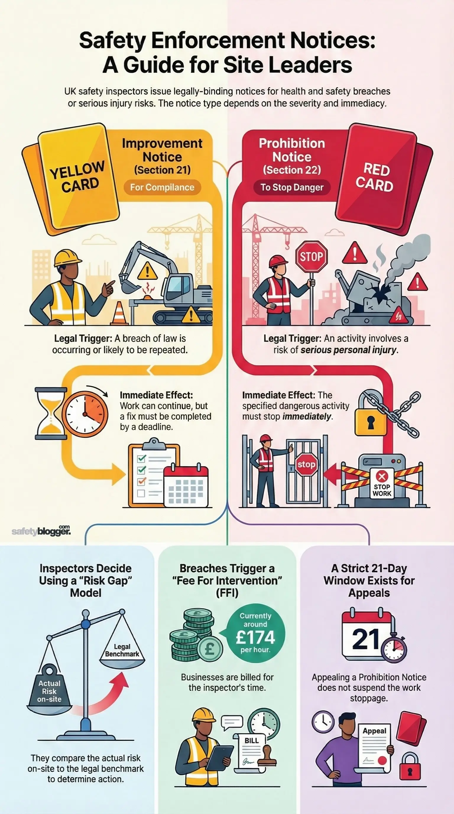 Infographic explaining UK safety enforcement notices: yellow card (improvement notice), red card (prohibition notice), legal triggers, immediate effects, and appeals.