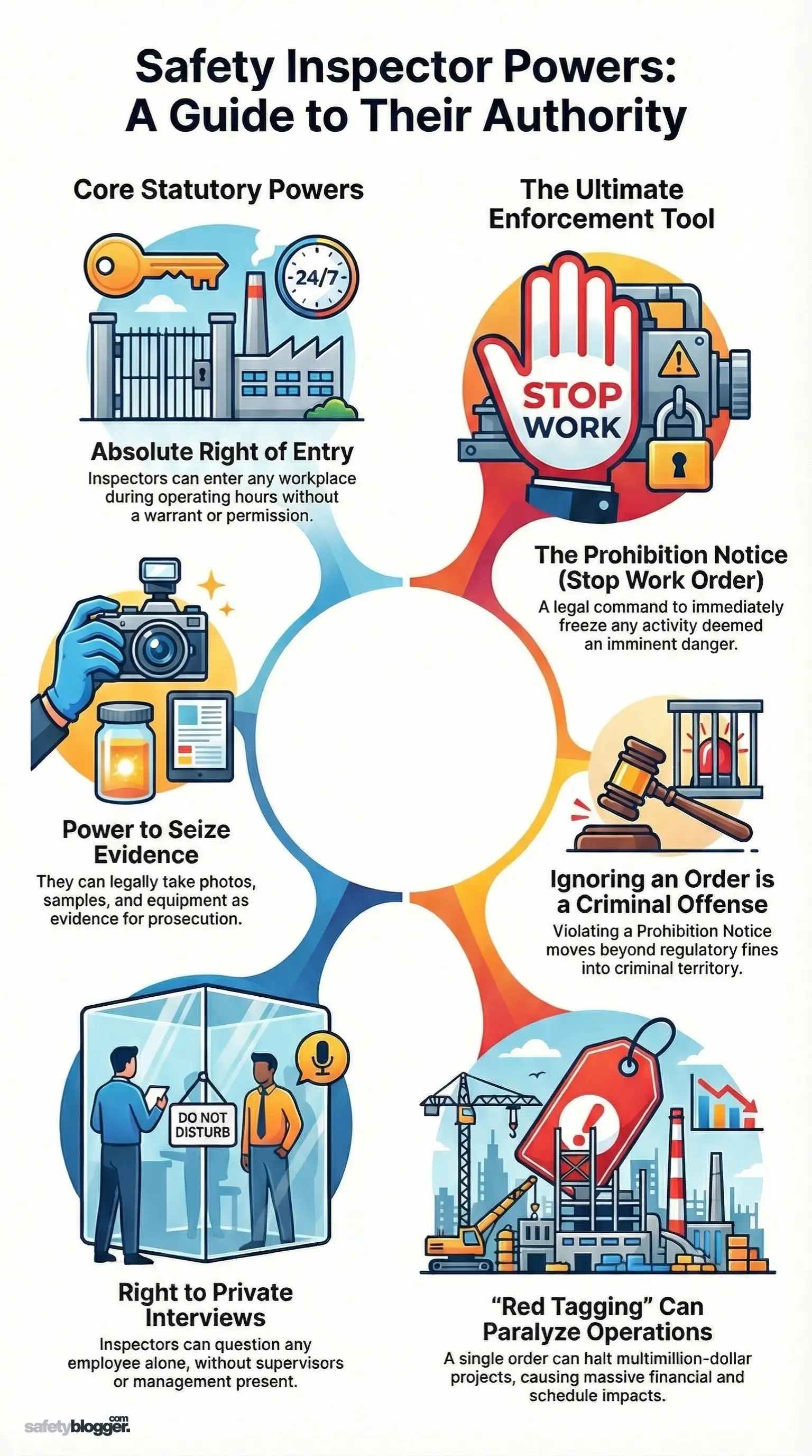 Infographic detailing safety inspector powers, including right of entry, stop work orders, seizing evidence, and issuing prohibition notices.