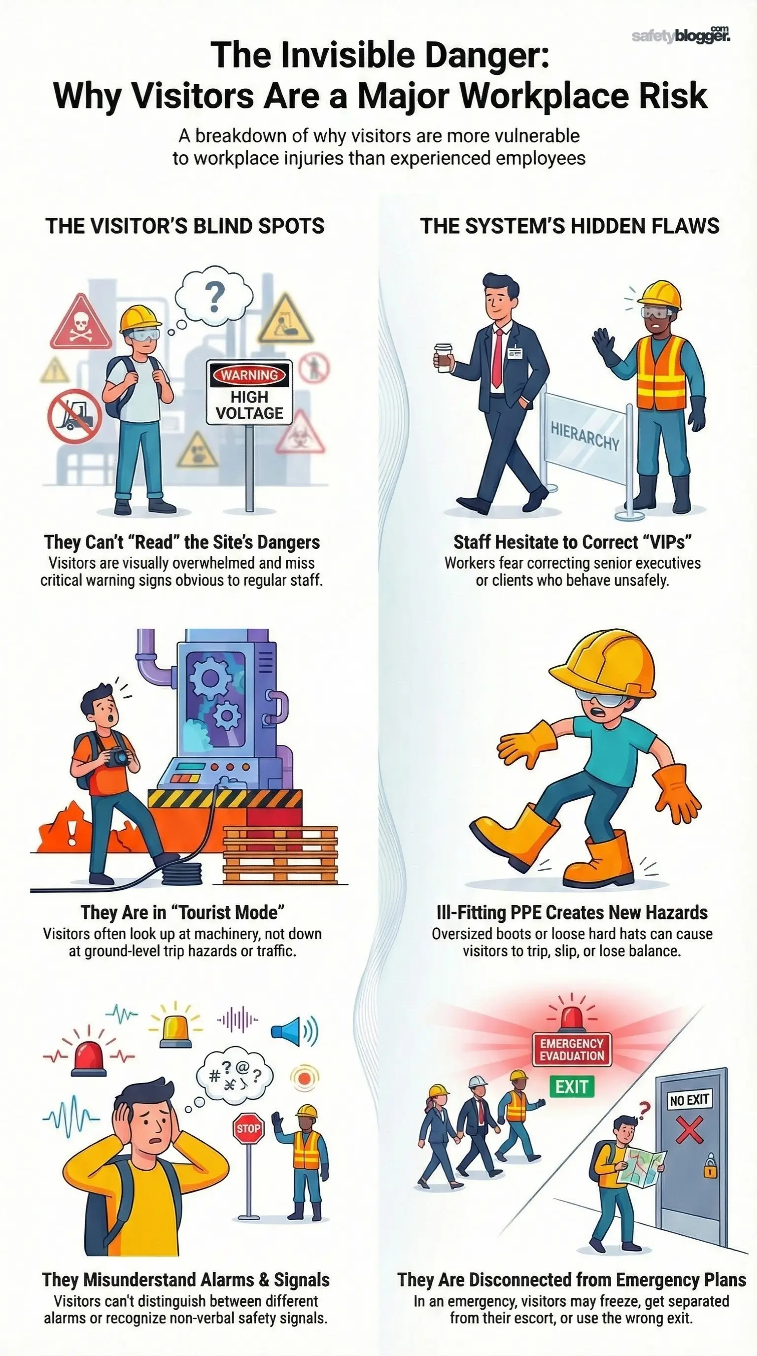 Infographic explaining why visitors face higher workplace injury risks, highlighting blind spots, system flaws, and miscommunication.