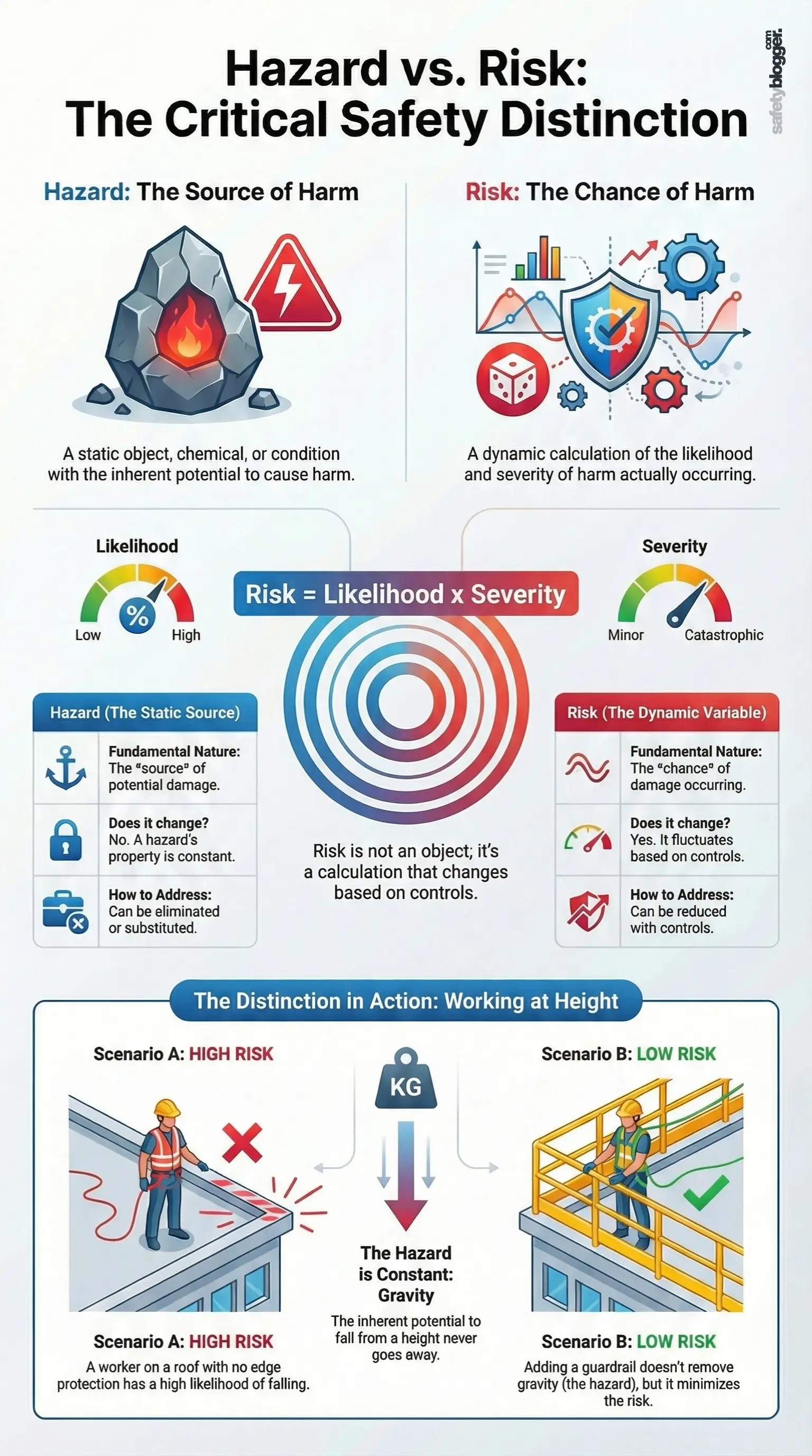 Infographic comparing hazard and risk in health and safety, illustrating static sources of harm versus dynamic calculation of likelihood and severity.
