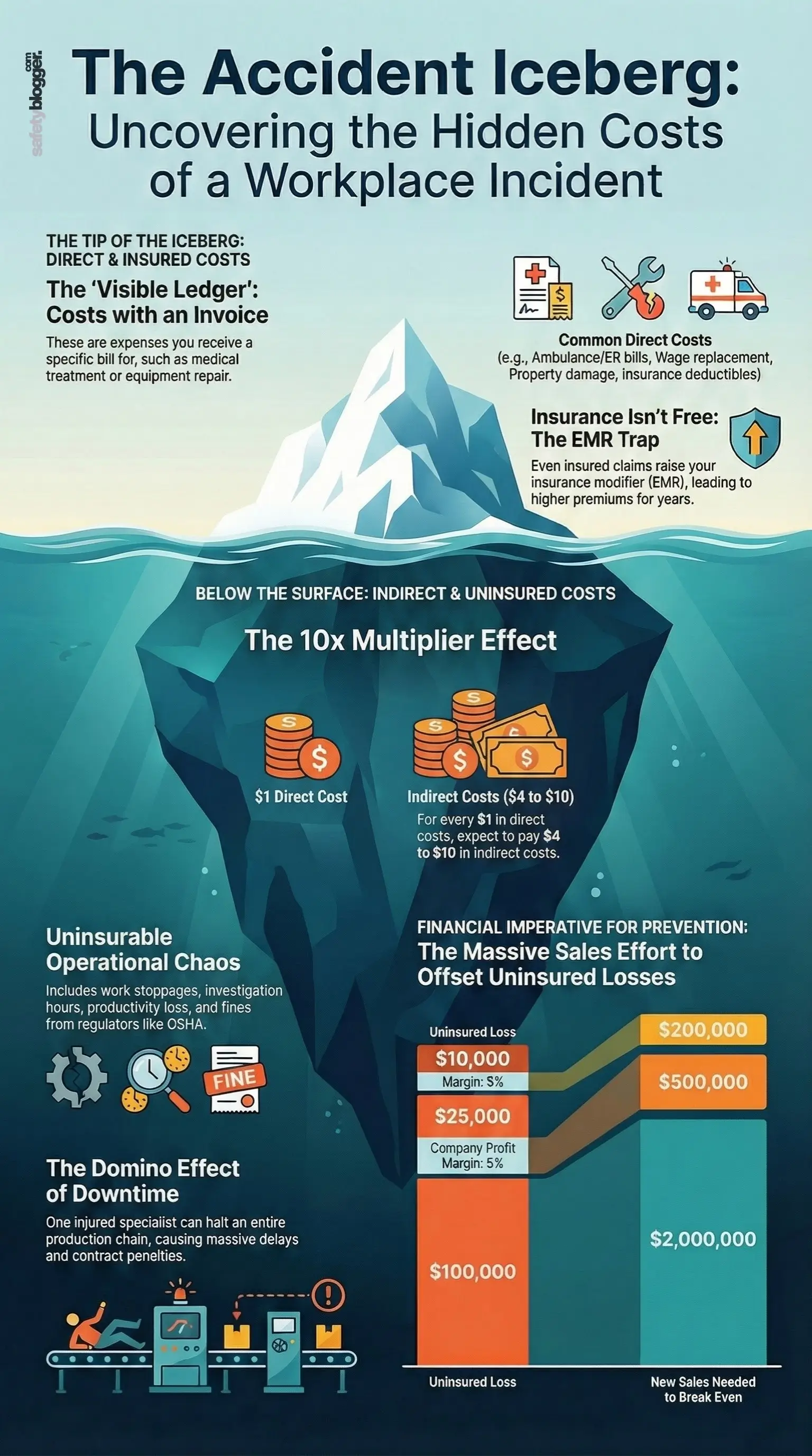 Infographic of a workplace accident iceberg, illustrating direct, indirect, insured, and uninsured costs.