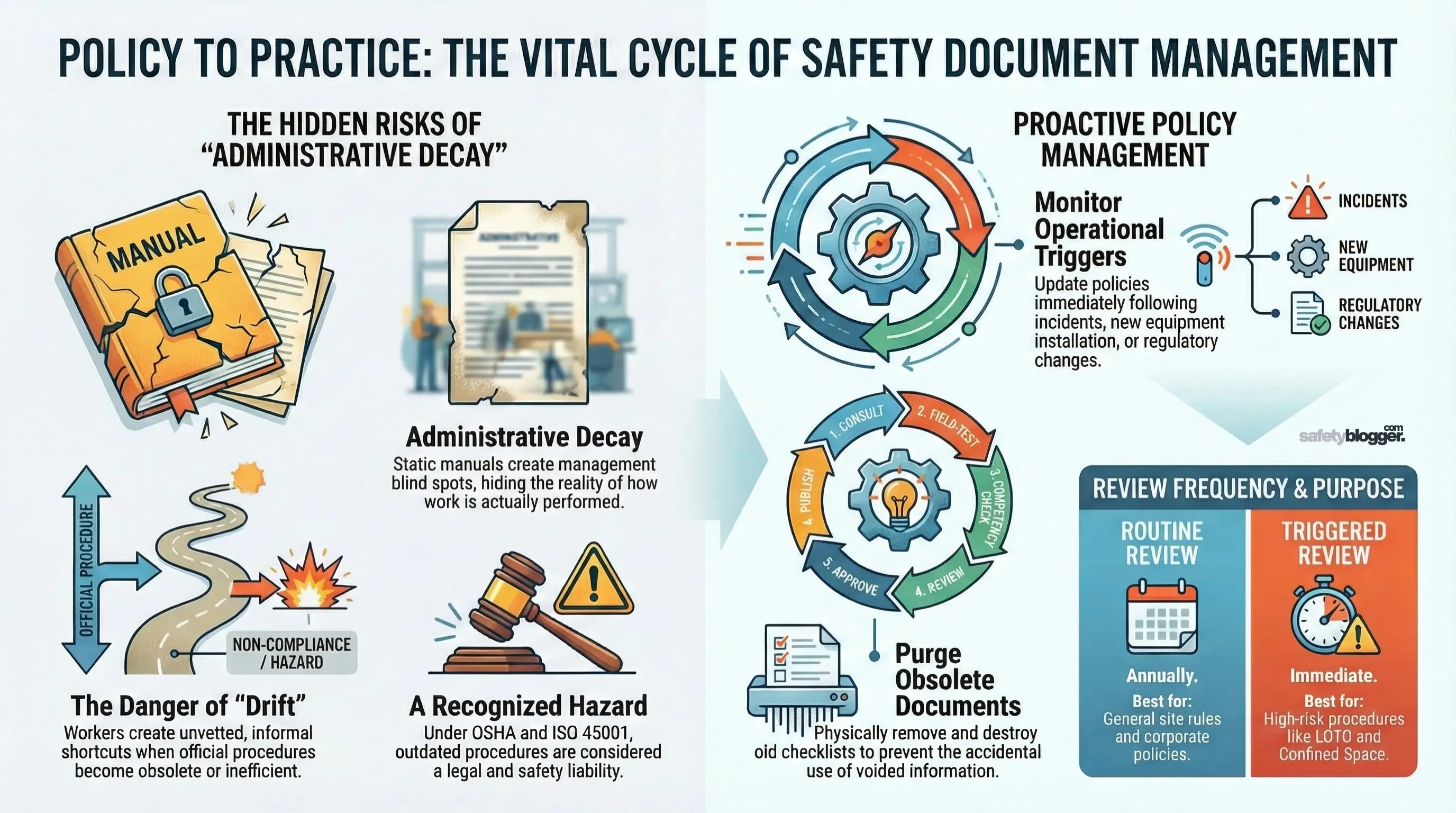 Flowchart illustrating safety document management, highlighting administrative decay risks and proactive policy strategies.
