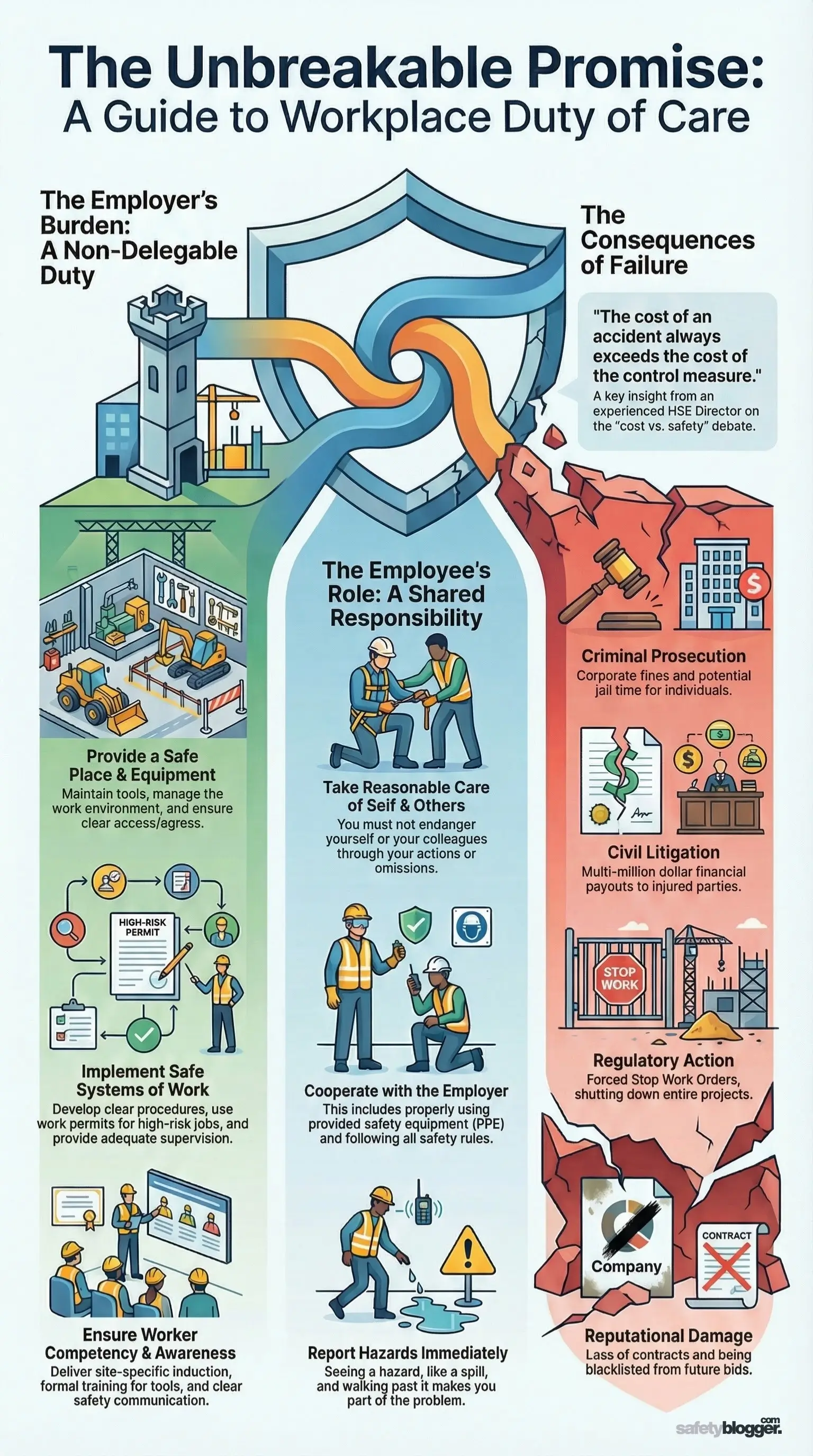 Infographic on workplace duty of care, detailing employer duties, employee responsibilities, and consequences of failure.