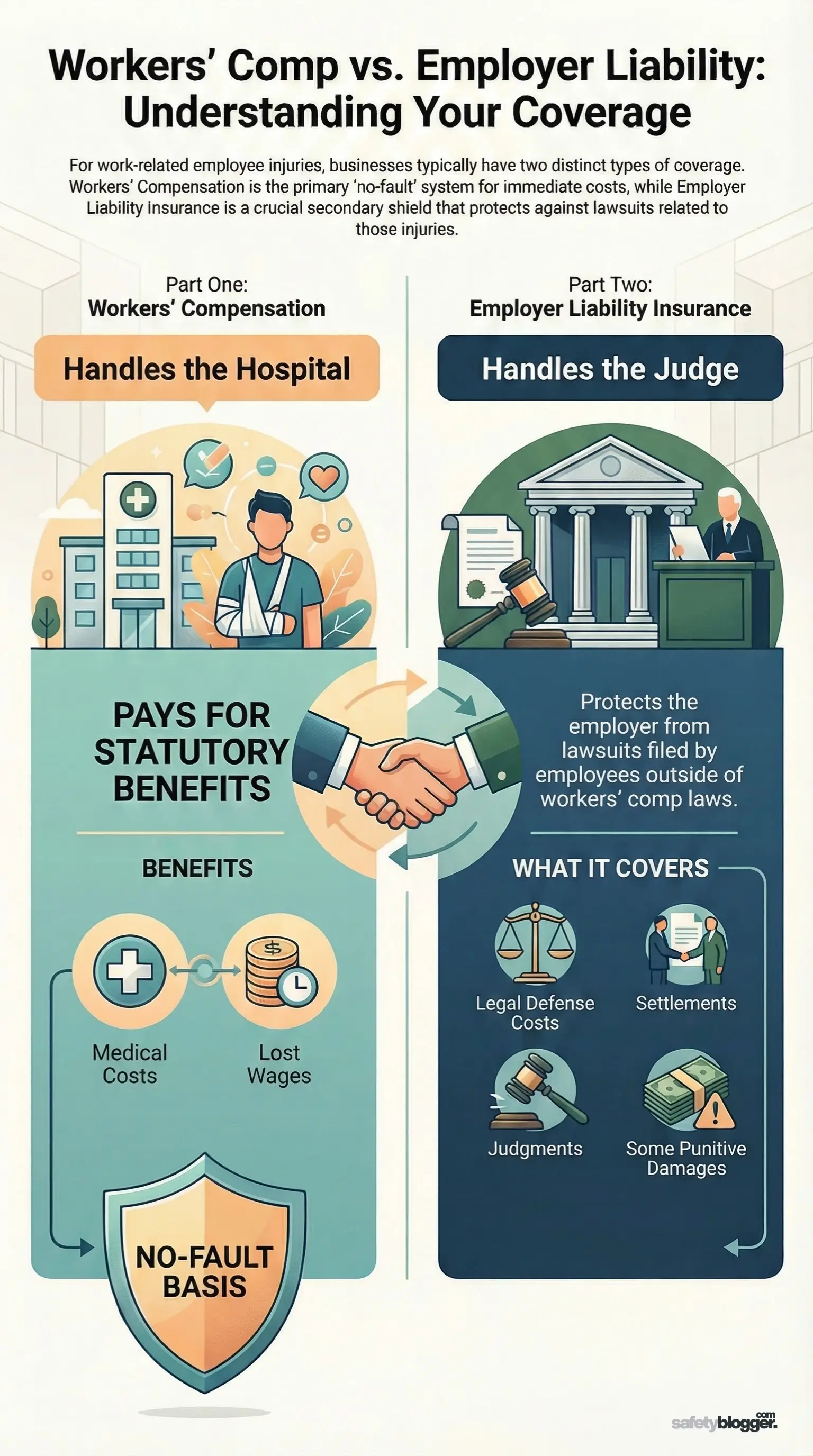 Infographic comparing workers' compensation and employer liability insurance, highlighting coverage differences and benefits.