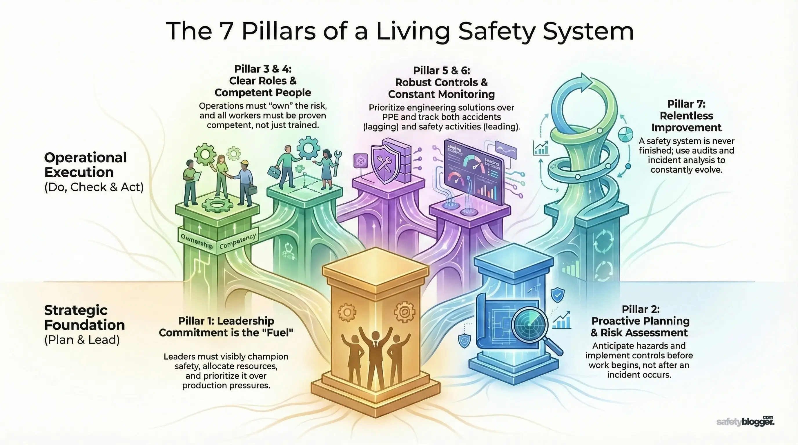 Seven pillars representing elements of a health and safety management system, each labeled with strategic goals and operational tasks.