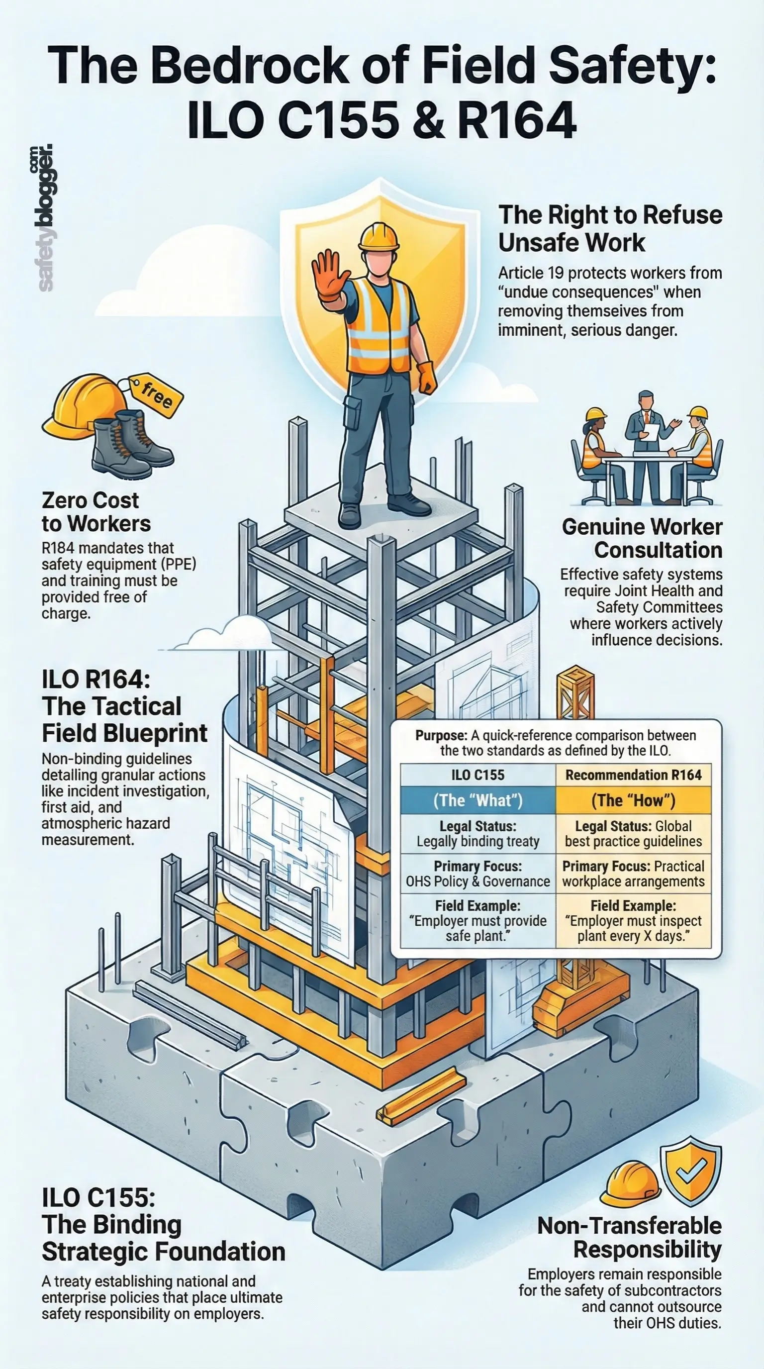 Illustration of a construction site emphasizing ILO C155 and R164, highlighting worker safety, rights, and consultation measures.