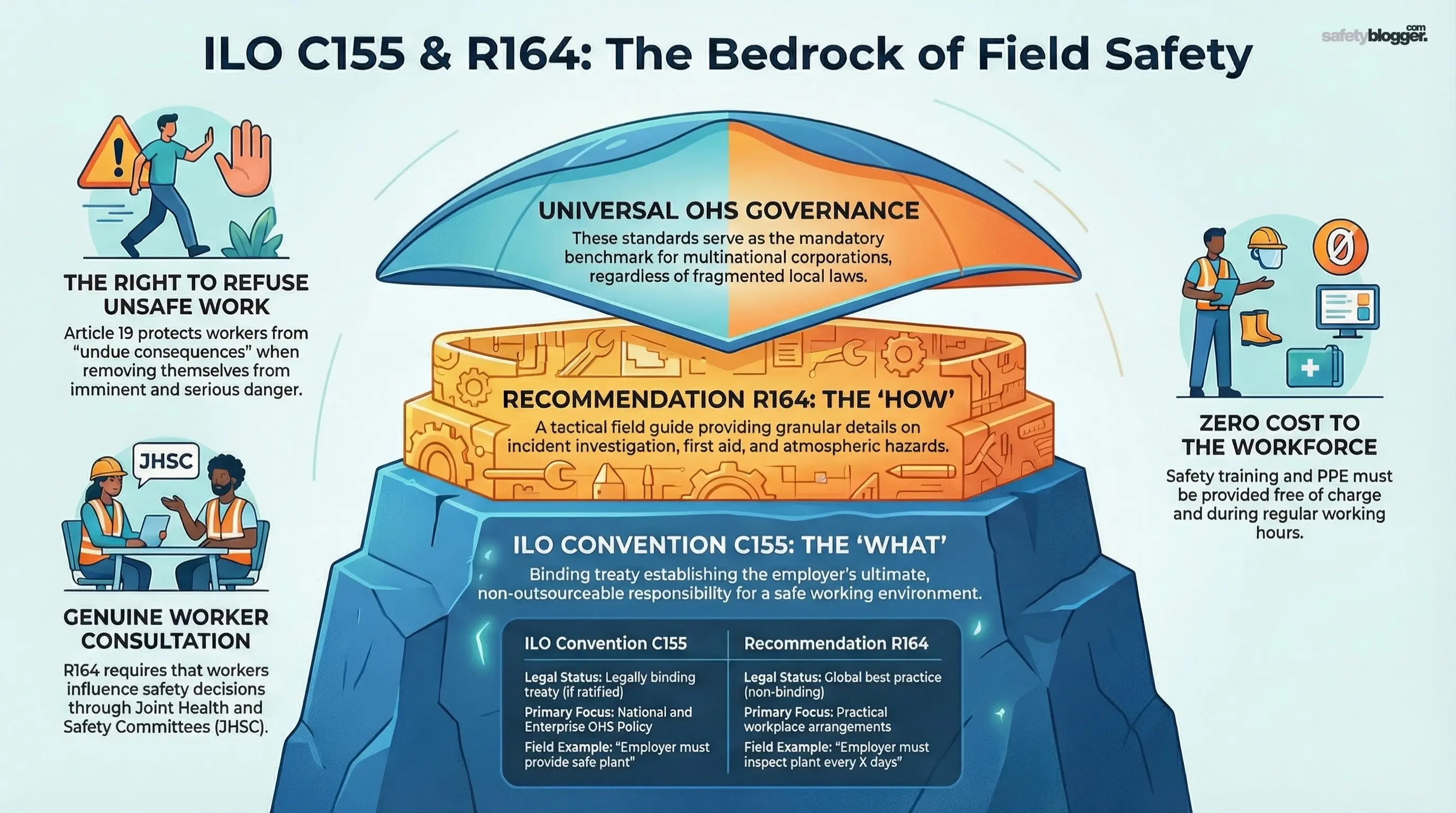 Infographic on ILO Convention C155 and R164 showing field safety frameworks, worker rights, and safety governance principles.