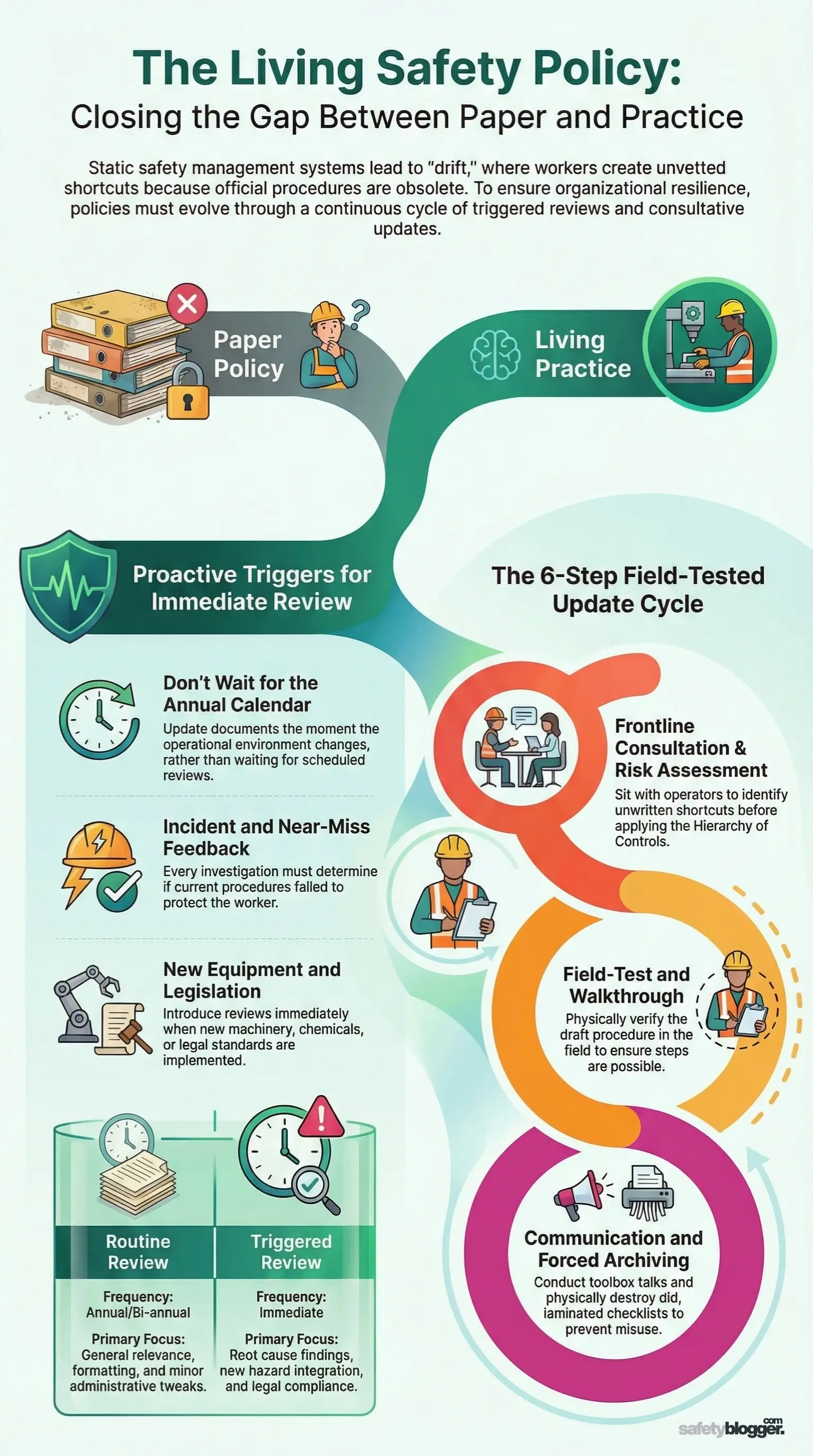 Infographic illustrating the evolution of static safety policies into dynamic, living practices through proactive triggers and continuous updates.