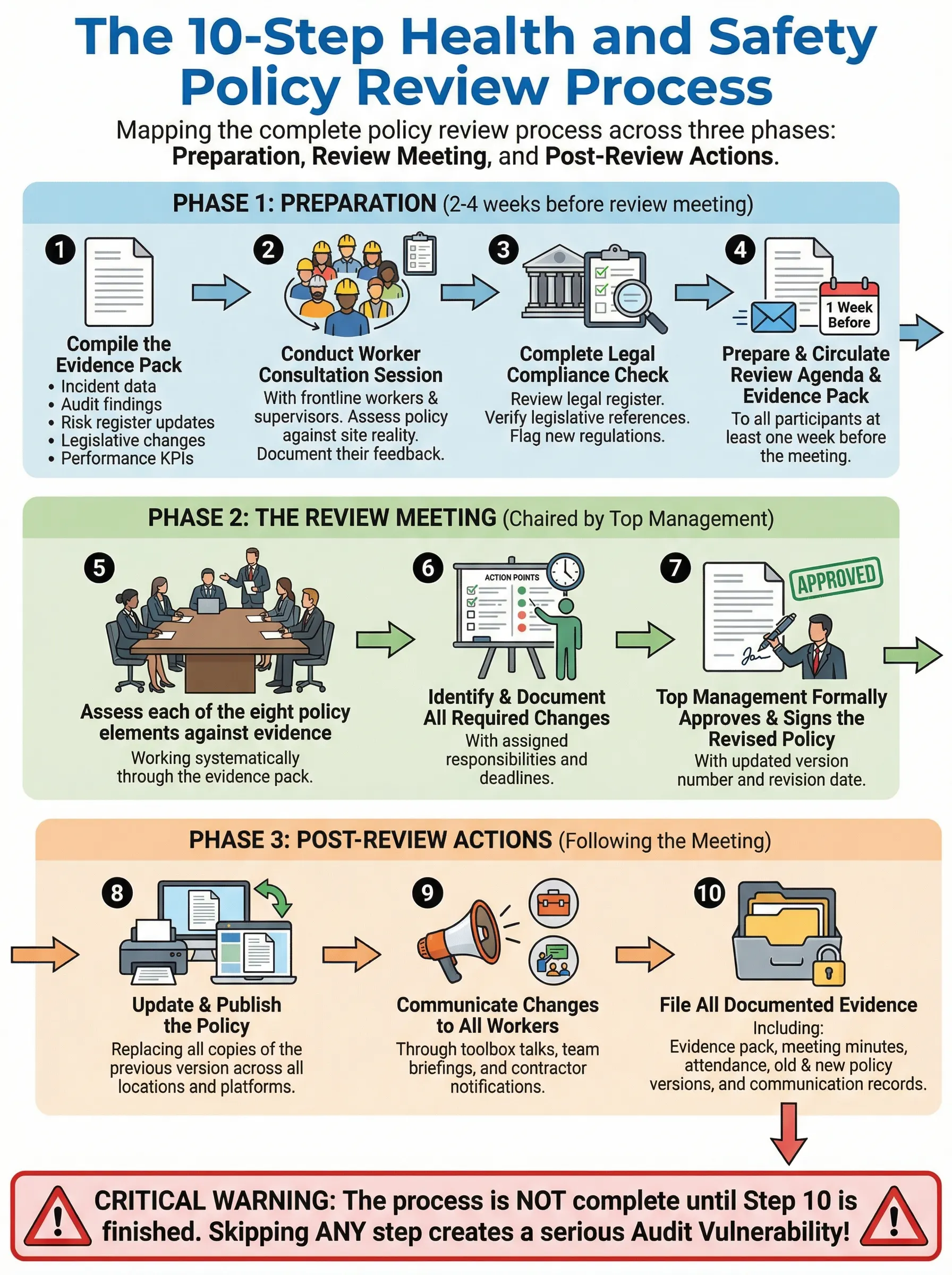 Flowchart illustrating the 10-step health and safety policy review process, detailing preparation, review meeting, and post-review actions.