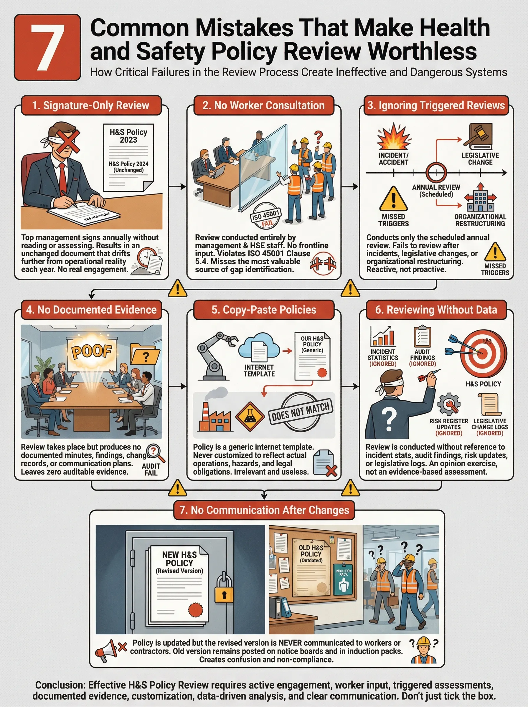 Infographic illustrating seven common mistakes in health and safety policy reviews, highlighting ineffective practices and inadequate systems.