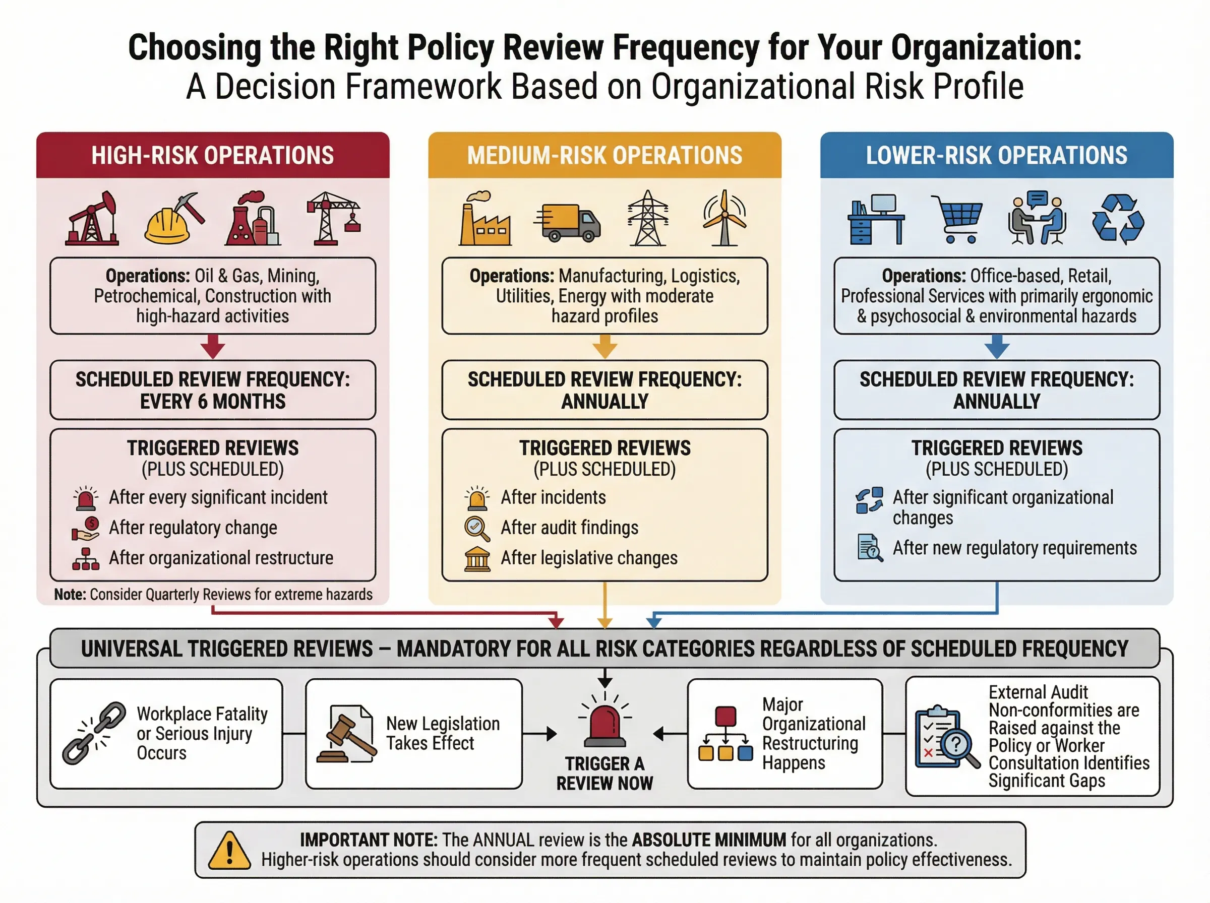 Flowchart depicting policy review frequencies based on organizational risk levels: high, medium, and low. Includes triggers for reviews.