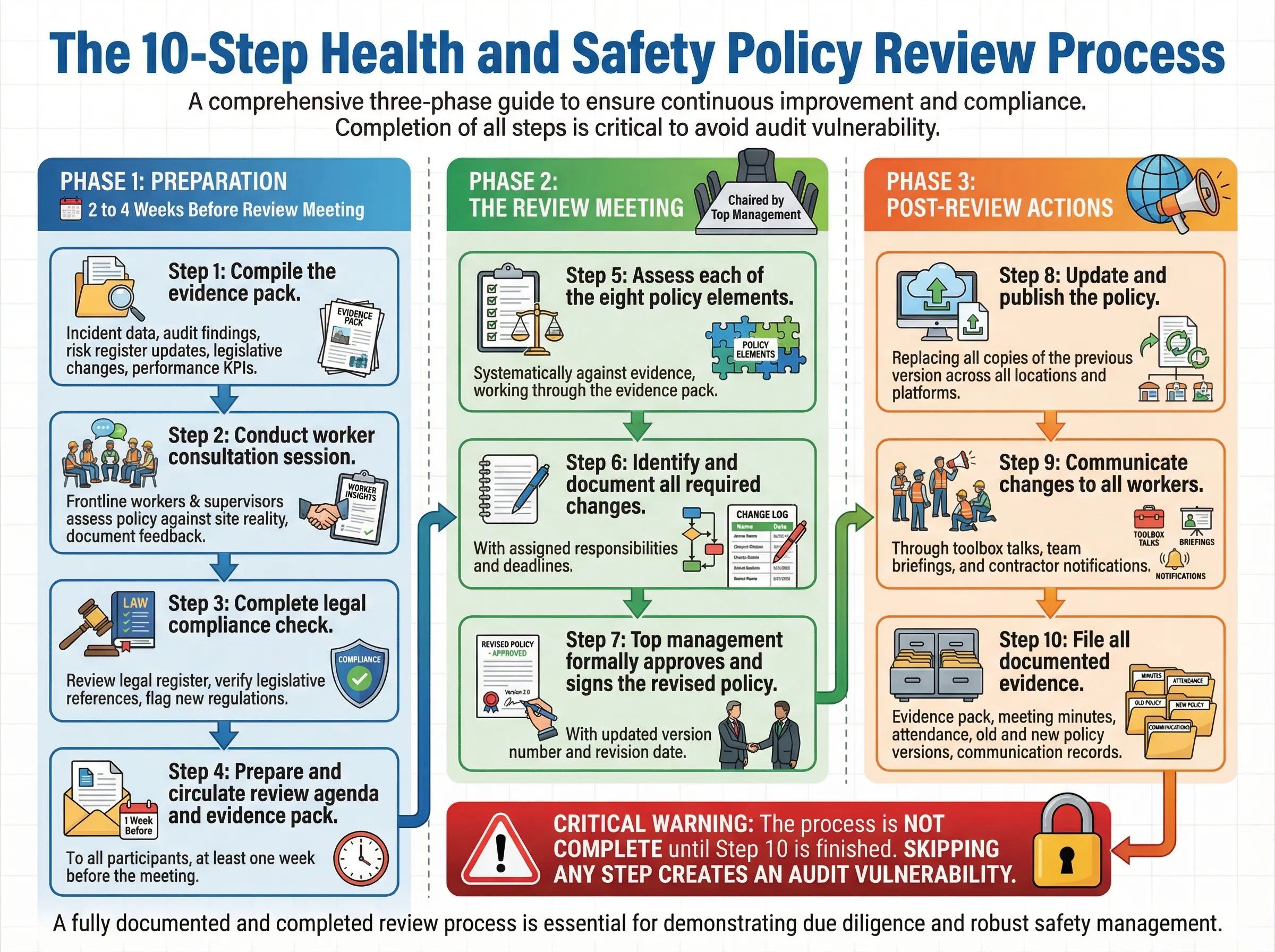 Flowchart illustrating a 10-step health and safety policy review process, emphasizing systematic evaluations and management oversight.