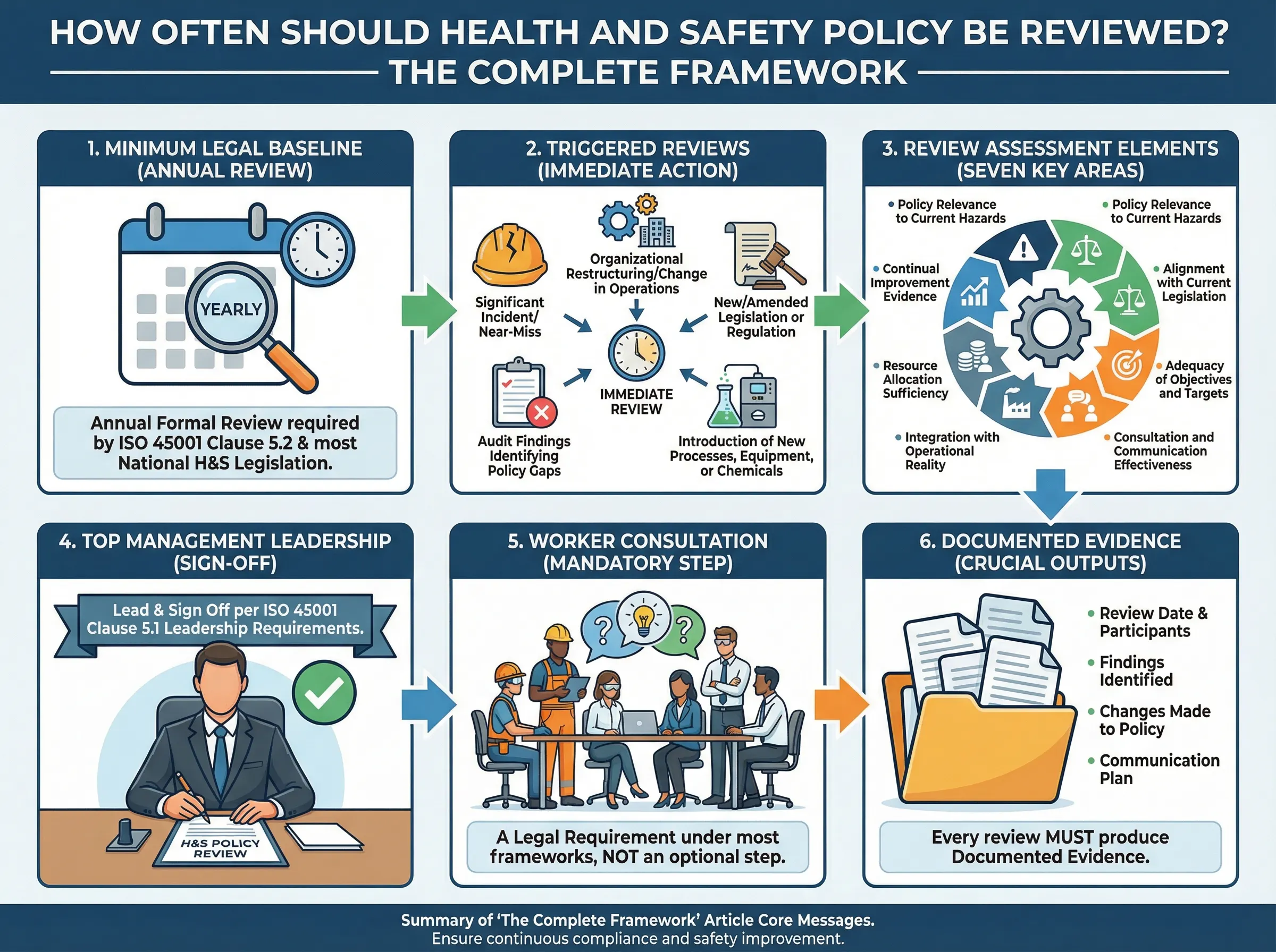 Flowchart detailing the review process for health and safety policies, including annual reviews, triggered reviews, and leadership involvement.